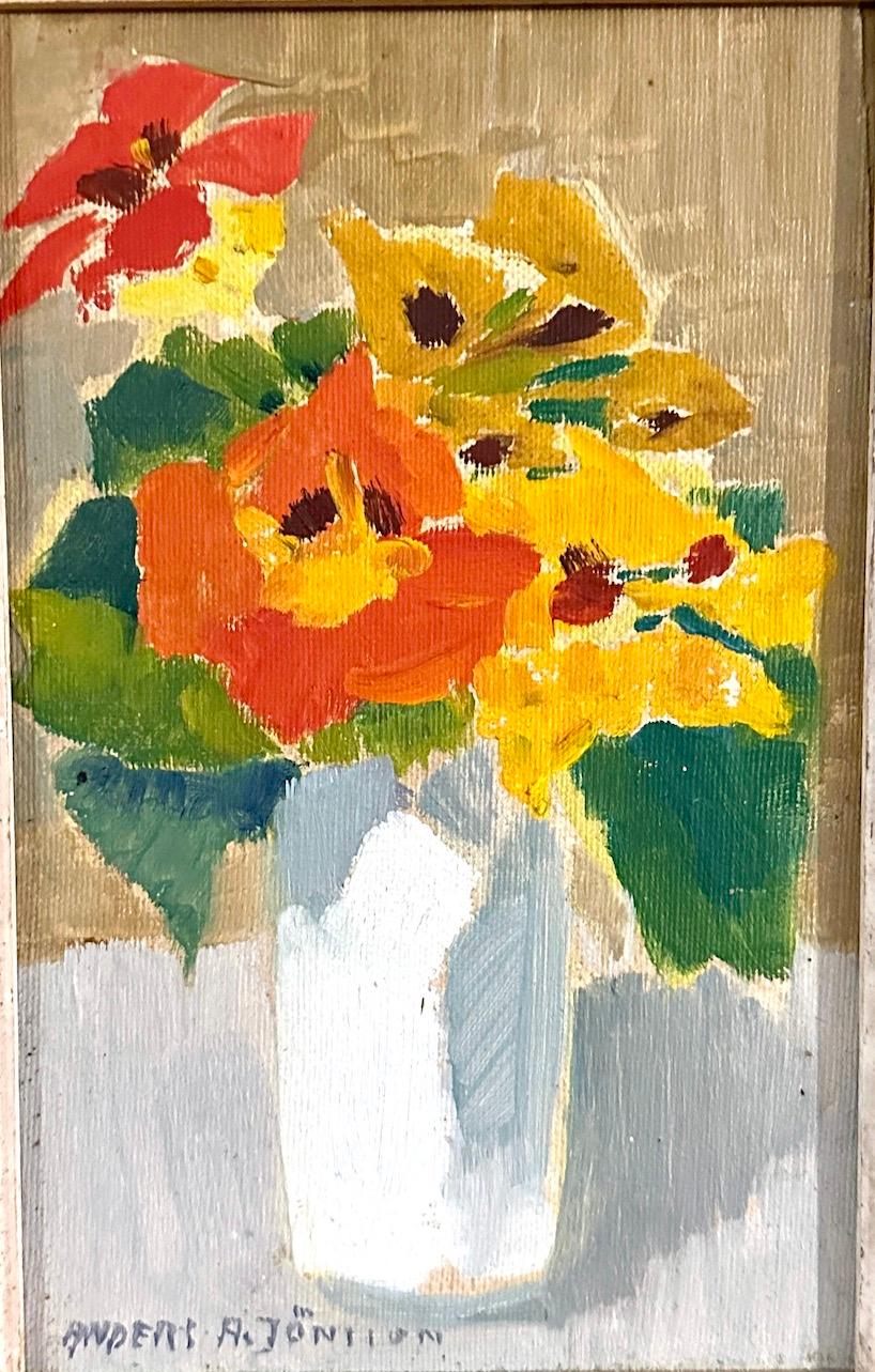 Mid Century Still life of Orange, Yellow and Red flowers in a white vase - Painting by Anders Jonsson