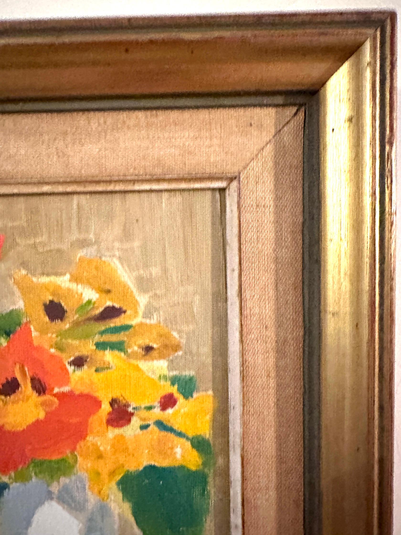 Mid Century Still life of Orange, Yellow and Red flowers in a white vase For Sale 1