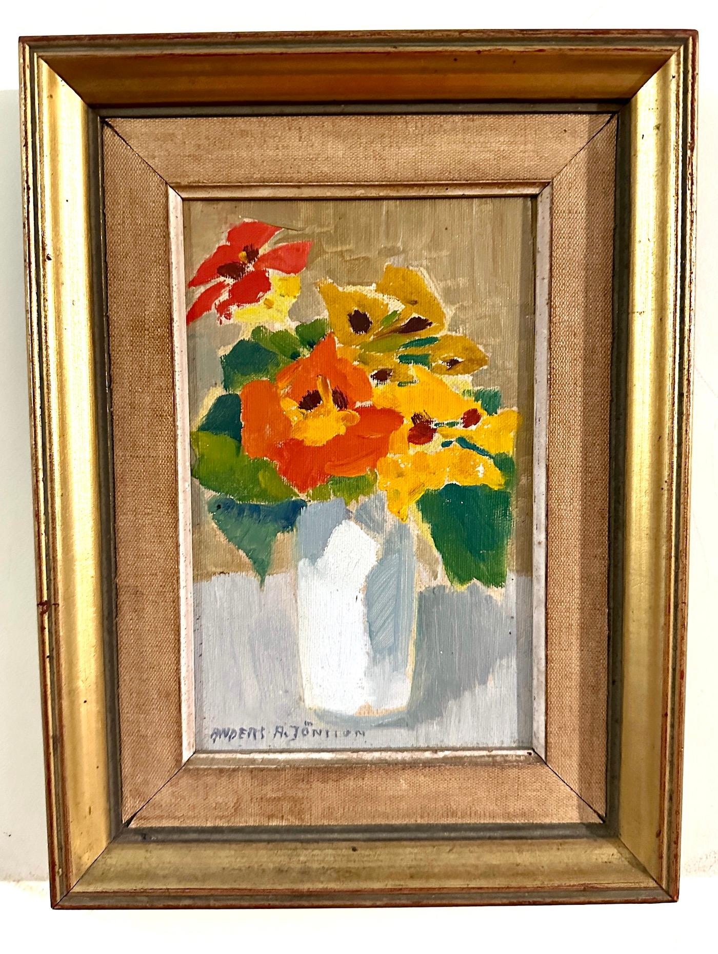 Anders Jonsson Interior Painting – Stillleben aus der Mitte des Jahrhunderts mit orangefarbenen, gelben und roten Blumen in einer weißen Vase