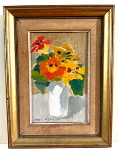 Stillleben aus der Mitte des Jahrhunderts mit orangefarbenen, gelben und roten Blumen in einer weißen Vase