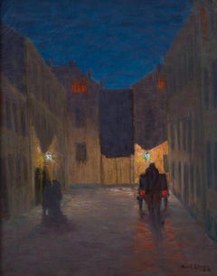 Scena di strada serale con carrozza e lampade a gas, 1912