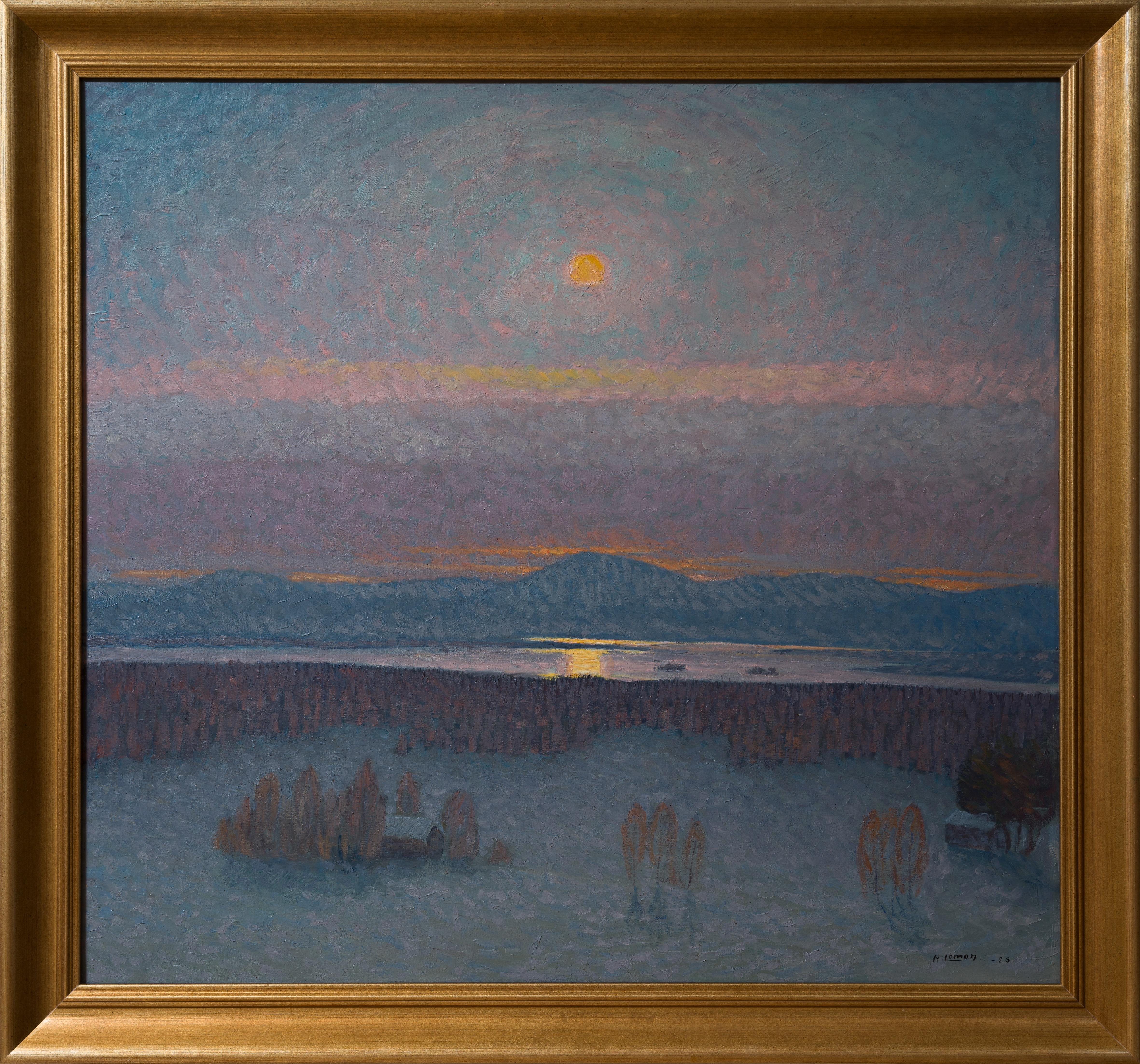 Paysage de montagne au clair de lune, huile sur toile, signée, 1926, 74 cm