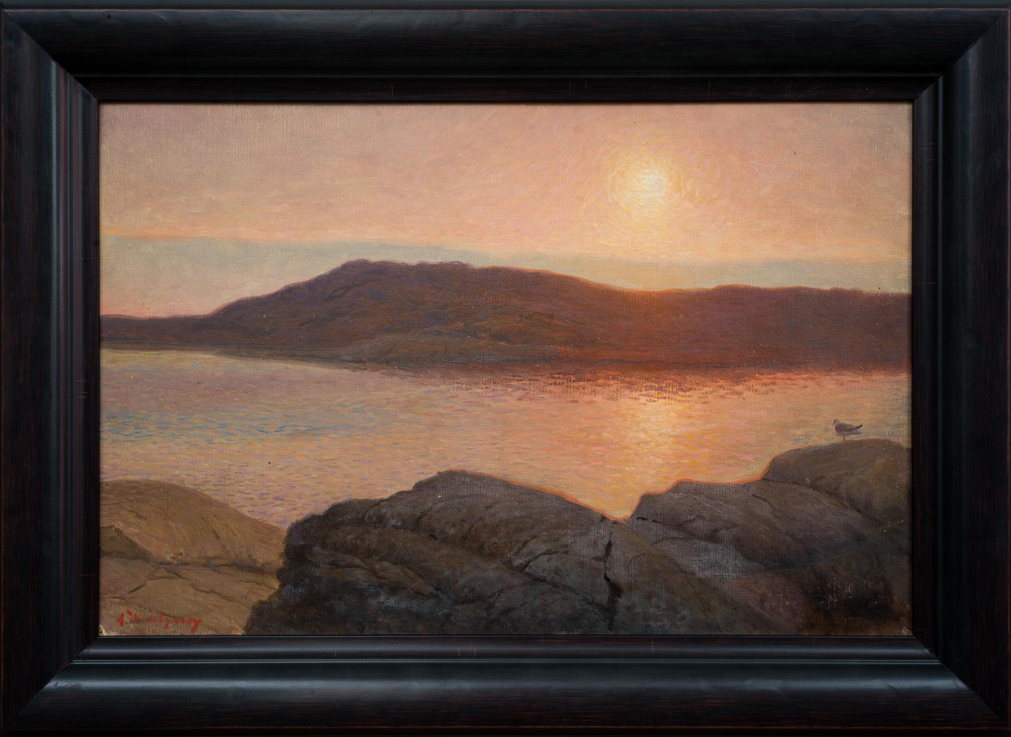 Questo dipinto di Anders Wahlgren, un pittore svedese, raffigura un sereno paesaggio costiero al tramonto, probabilmente ambientato nella regione del Bohuslän in Svezia. L'immagine è immersa nelle tonalità calde e luminose del sole al tramonto, che