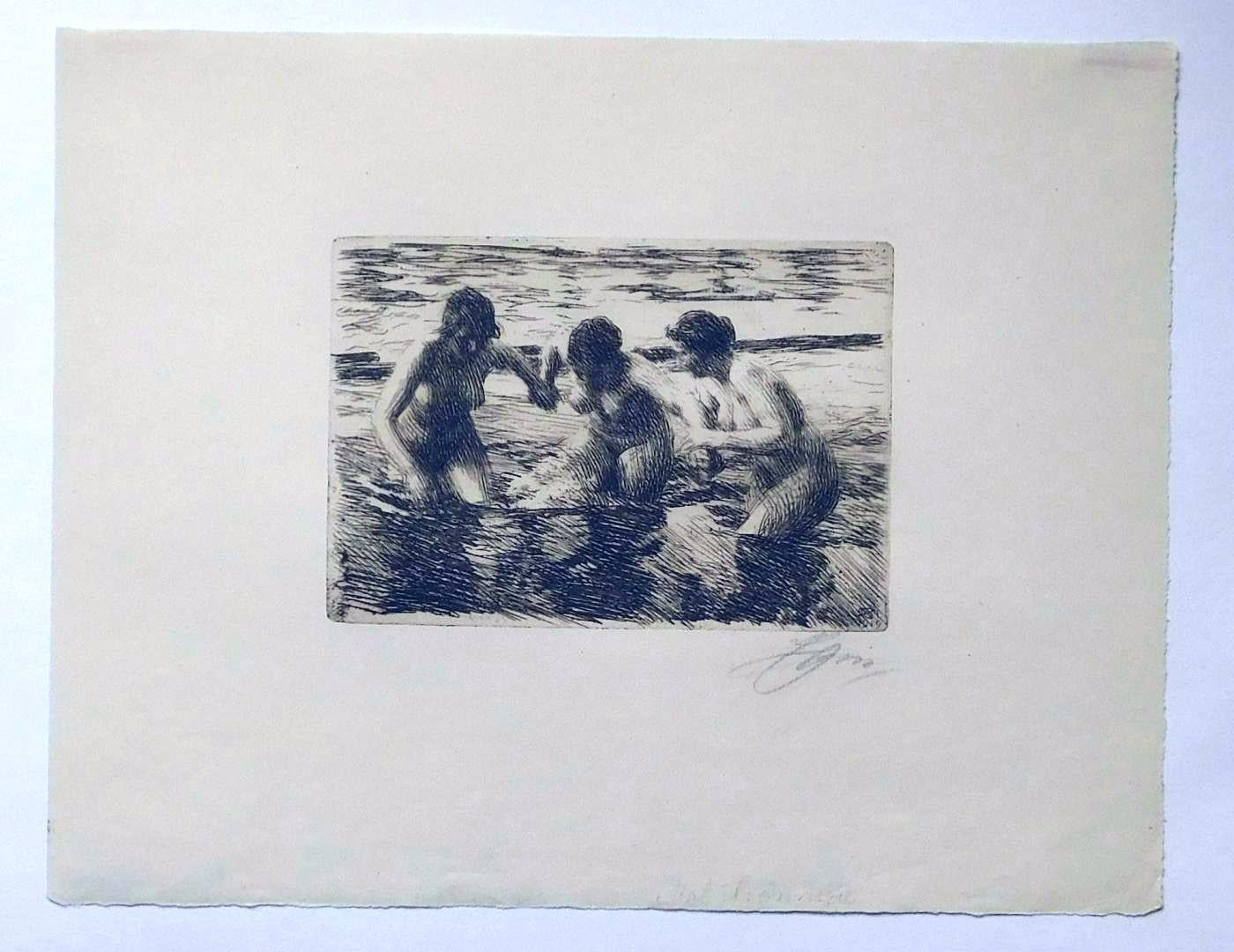 Beautiful original etching of bathers by Anders Zorn (1860-1920)
Title: 