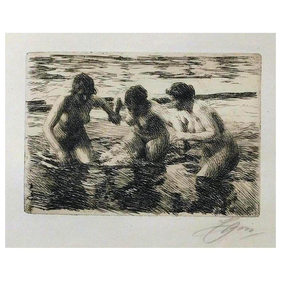 Anders Zorn Etching, 1919, "Against the Current"