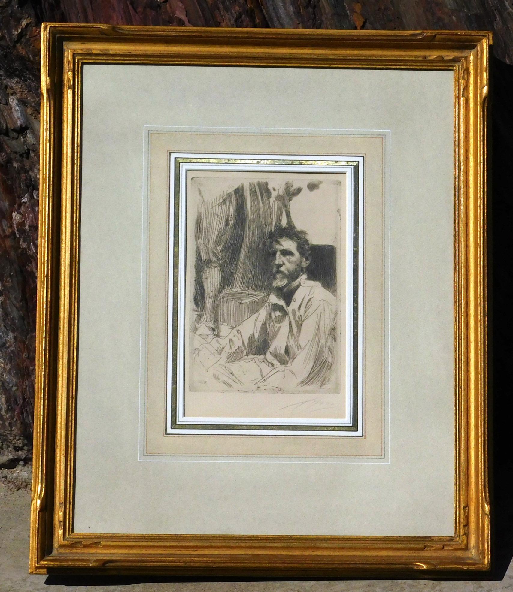 Anders Zorn (Sweden, 1860-1920) original etching signed in pencil lower right.
Titled “August Saint Gaudens” 
Measures: 7 7/8"h x 5 3/8"w. Frame measures: 20"h x 16 1/2"w.
Literature: Delteil 112. Asplund 113. Hjert & Hjert 75.
Archivally framed and