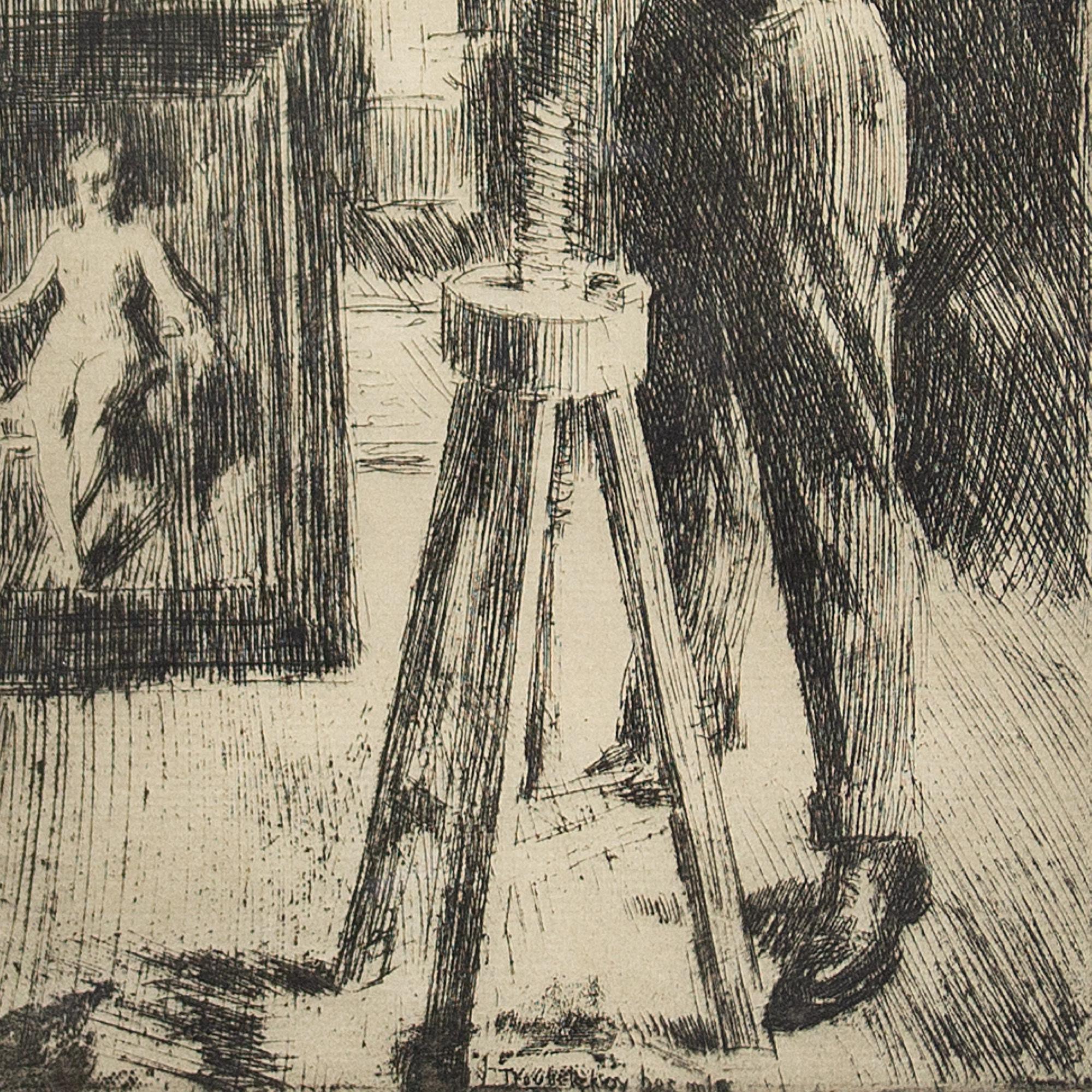This spirited etching of Prince Paolo Petrovich Troubetzkoy (1866-1938) by Swedish artist Anders Zorn (1860-1920) depicts the sculptor working on a bust of Zorn himself. Both artists are immersed in their work, each respectful of the other, a mutual