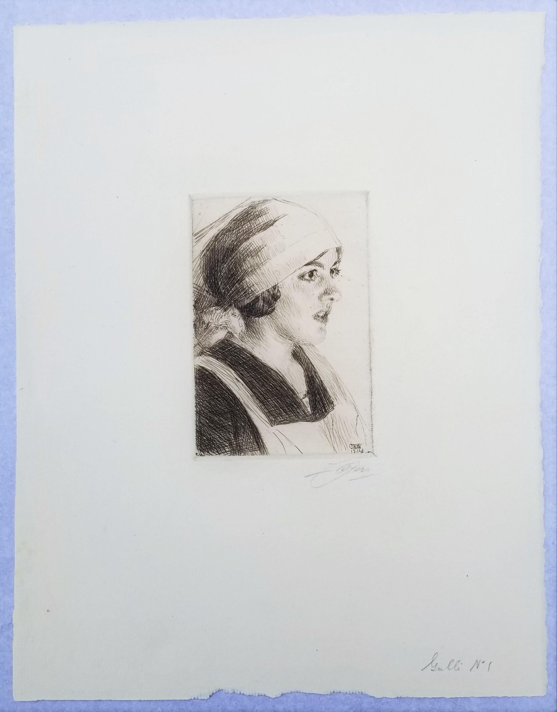 Gulli I /// Impressionniste Anders Zorn, eau-forte suédoise, portrait ancien d'une jeune fille face en vente 1