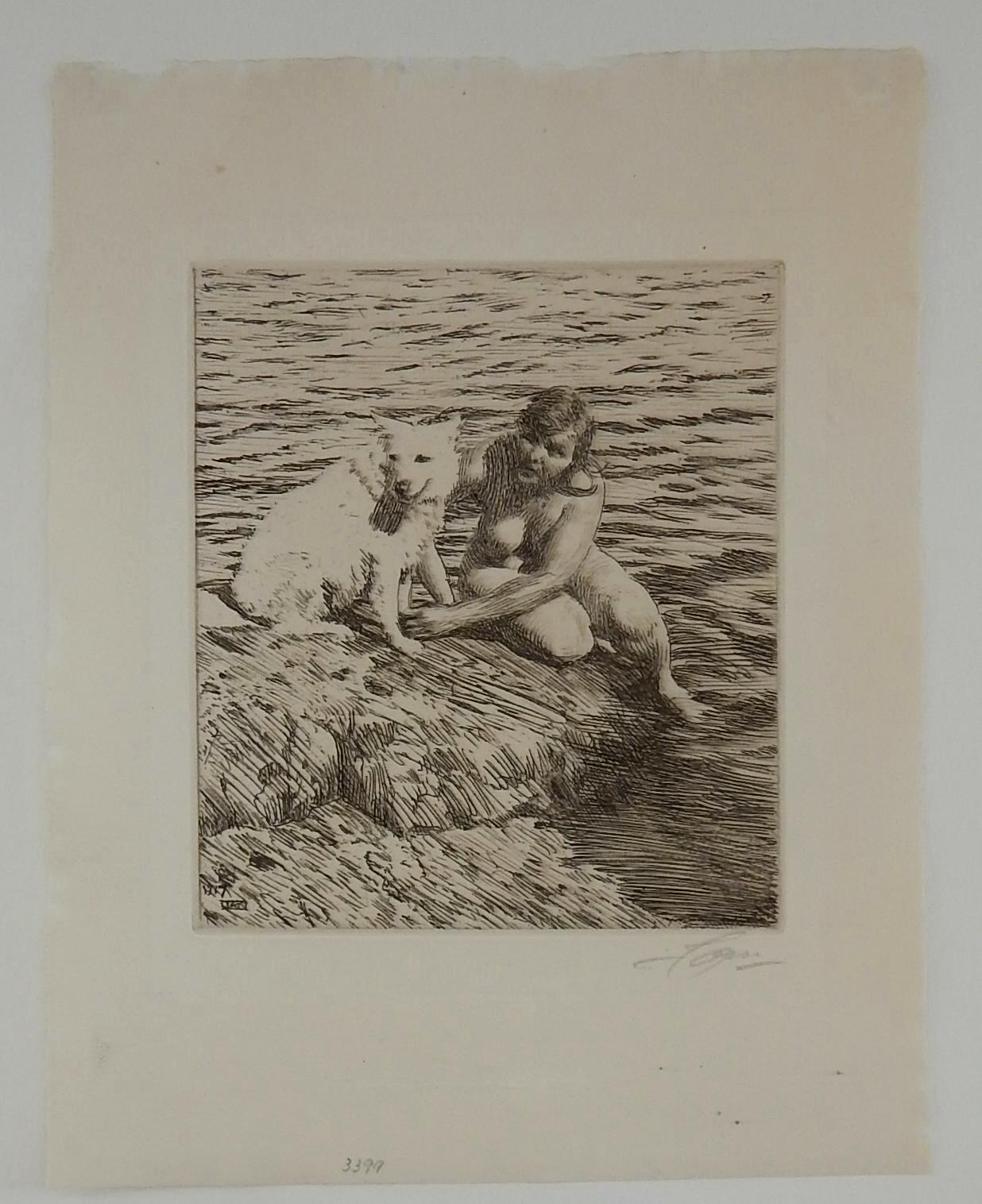 Lovely original etching, a portrait of a local girl and her dog by Anders Zorn (1860-1920) $1850
Created 1917 and titled “Sappho.
