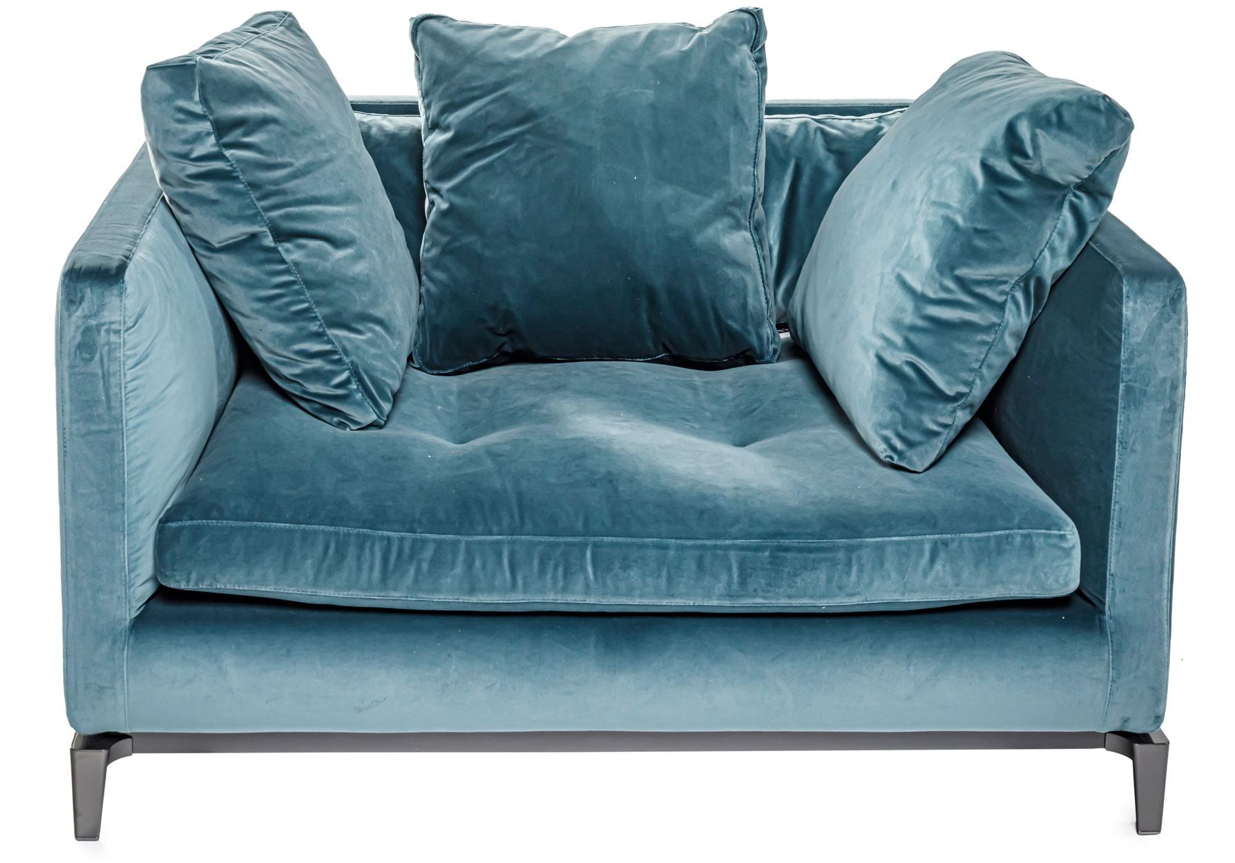 A love chair and ottoman set completely covered in a light blue velour fabric featuring quilted details on the ottoman and seat cushions. Love chair and ottoman sit on metal legs with a pewter finish. Includes additional accent pillows. 
Design by