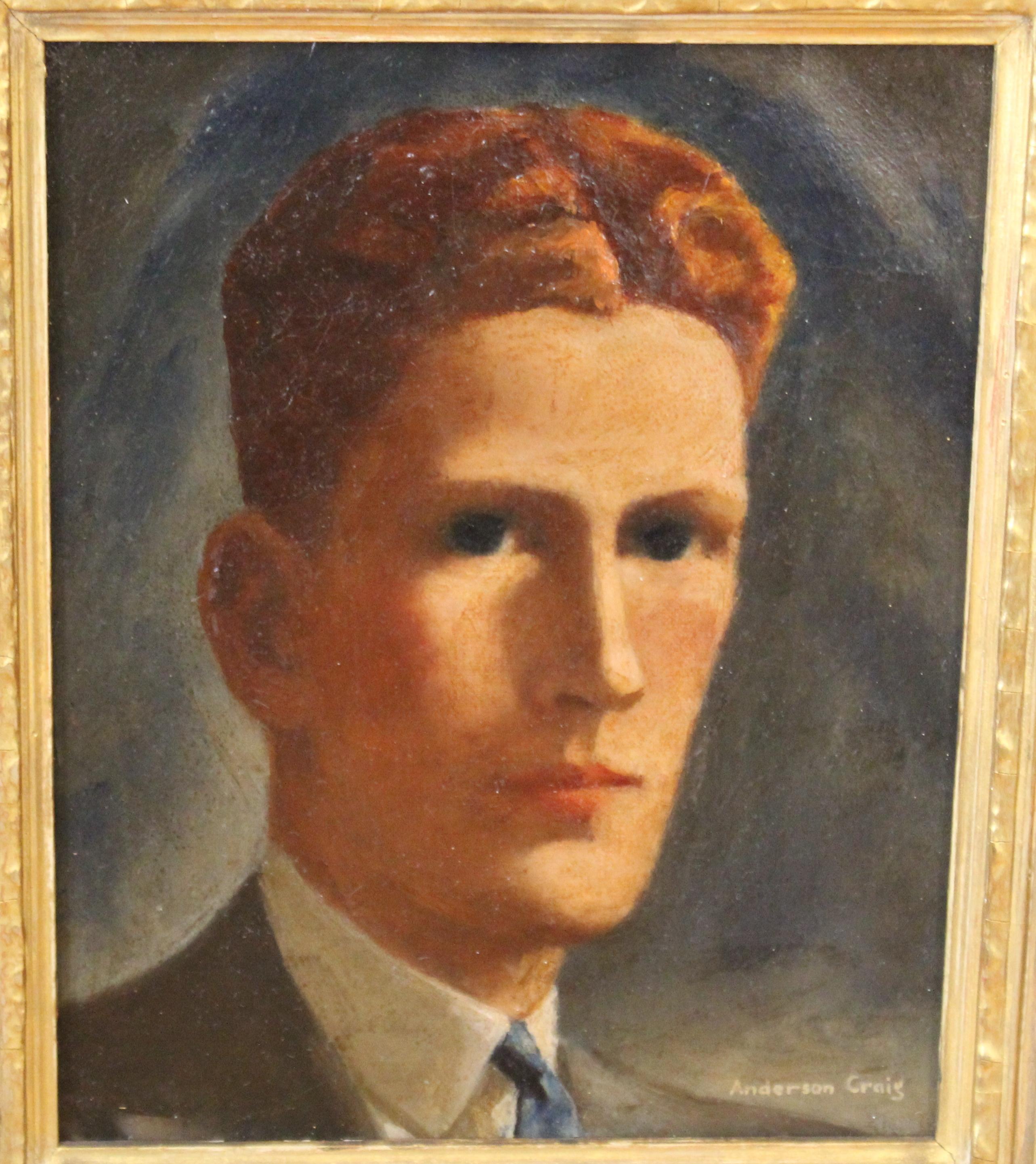 Portrait d'un jeune homme aux cheveux roux, de style gothique américain, peint à l'huile sur toile. La pièce a été créée par Anderson Craig (Américain né en 1904) dans les années 1930 et est signée par l'artiste dans le coin inférieur