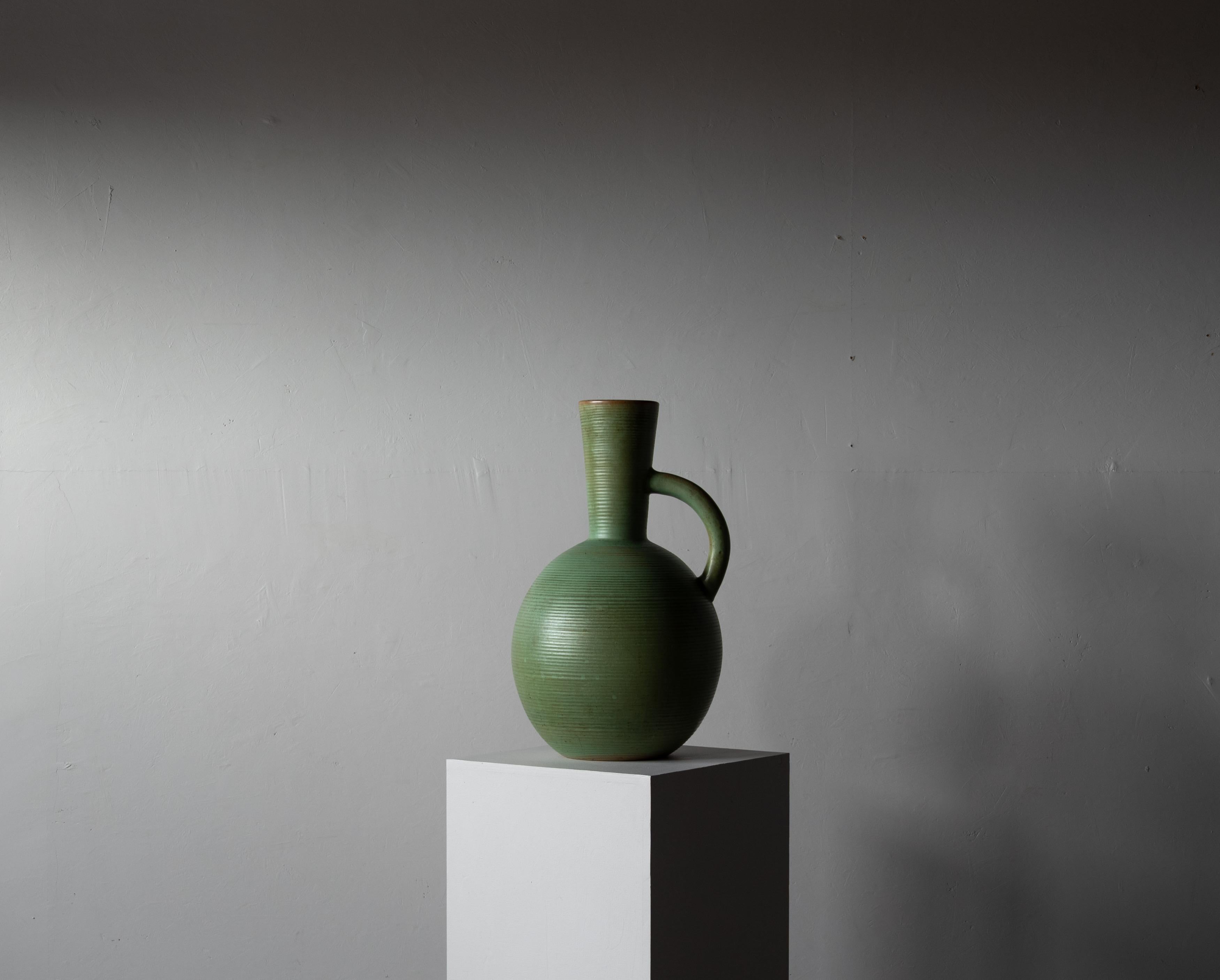 Andersson Johansson, Floor Vase, Green Glazed Earthenware, Höganäs Sweden, 1930s In Good Condition In High Point, NC
