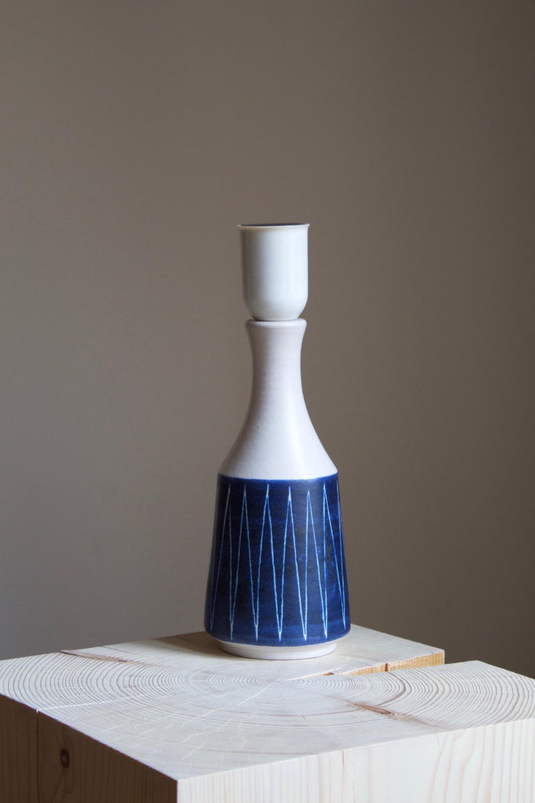 Scandinavian Modern Andersson & Johansson, Table Lamp, Blue Glazed Ceramic, Höganäs, Sweden, c 1940s For Sale