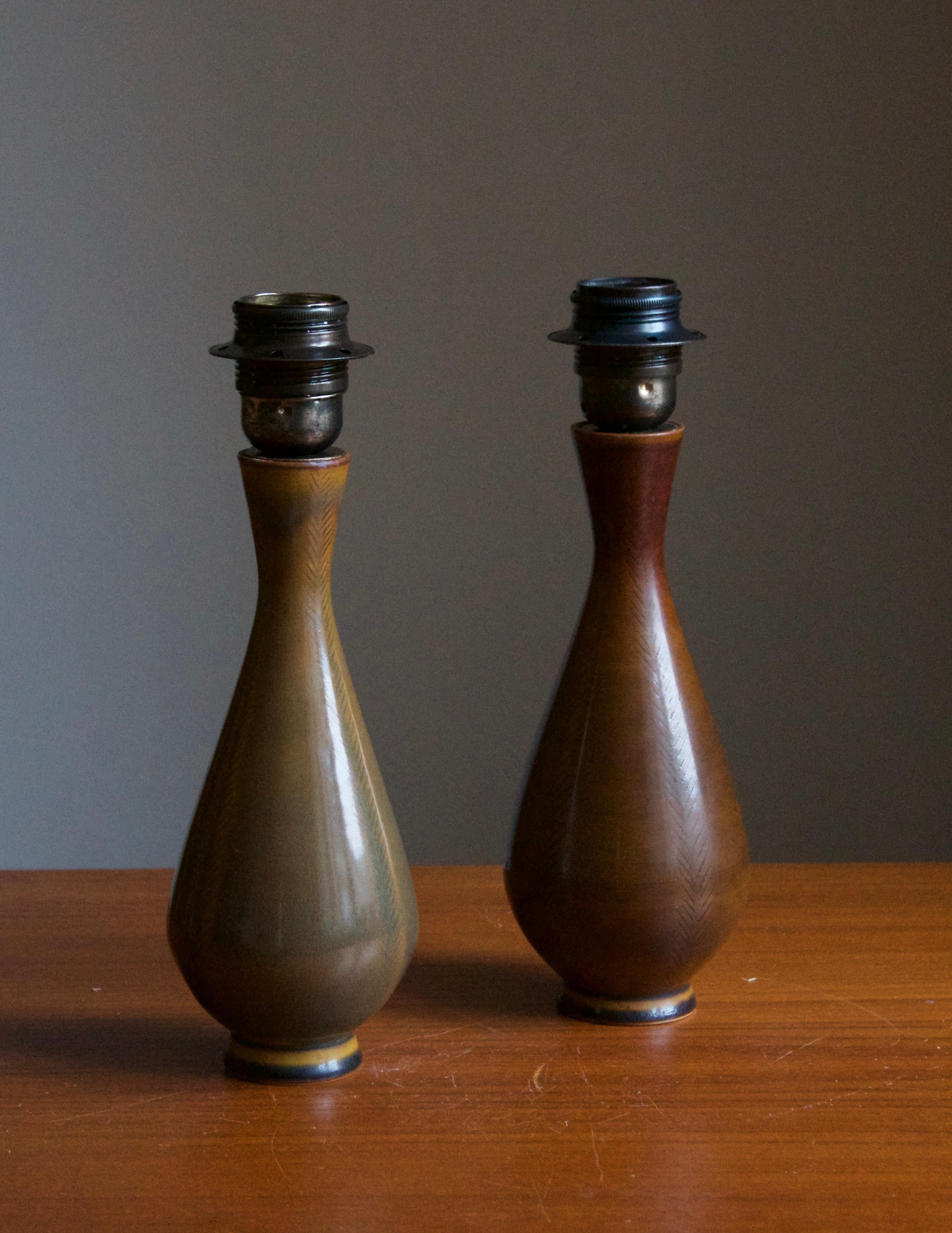 Scandinavian Modern Andersson & Johansson, Table Lamps Brown Glazed Ceramic, Höganäs, Sweden, 1940s