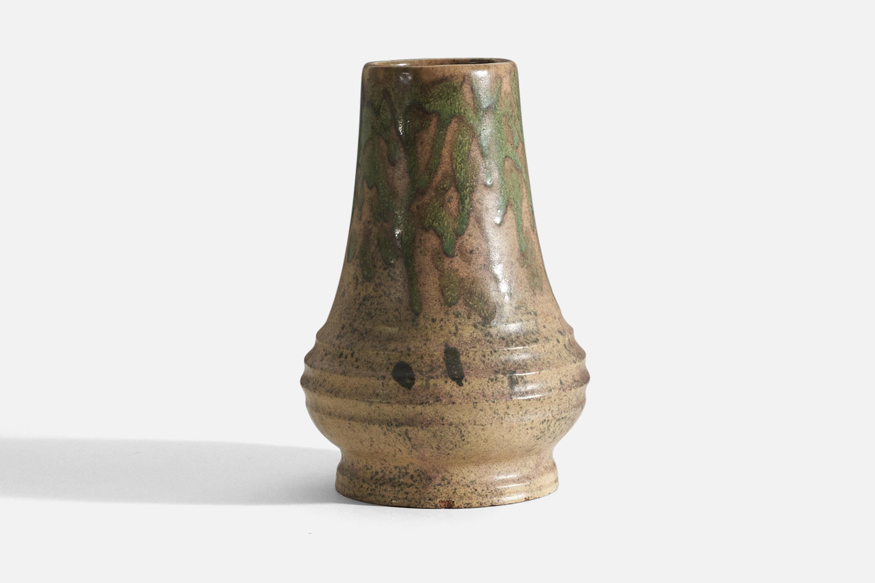 A tan, brown, and green glazed stoneware vase designed and produced by Andersson & Johansson, Höganäs, Sweden, c. 1940s.

.