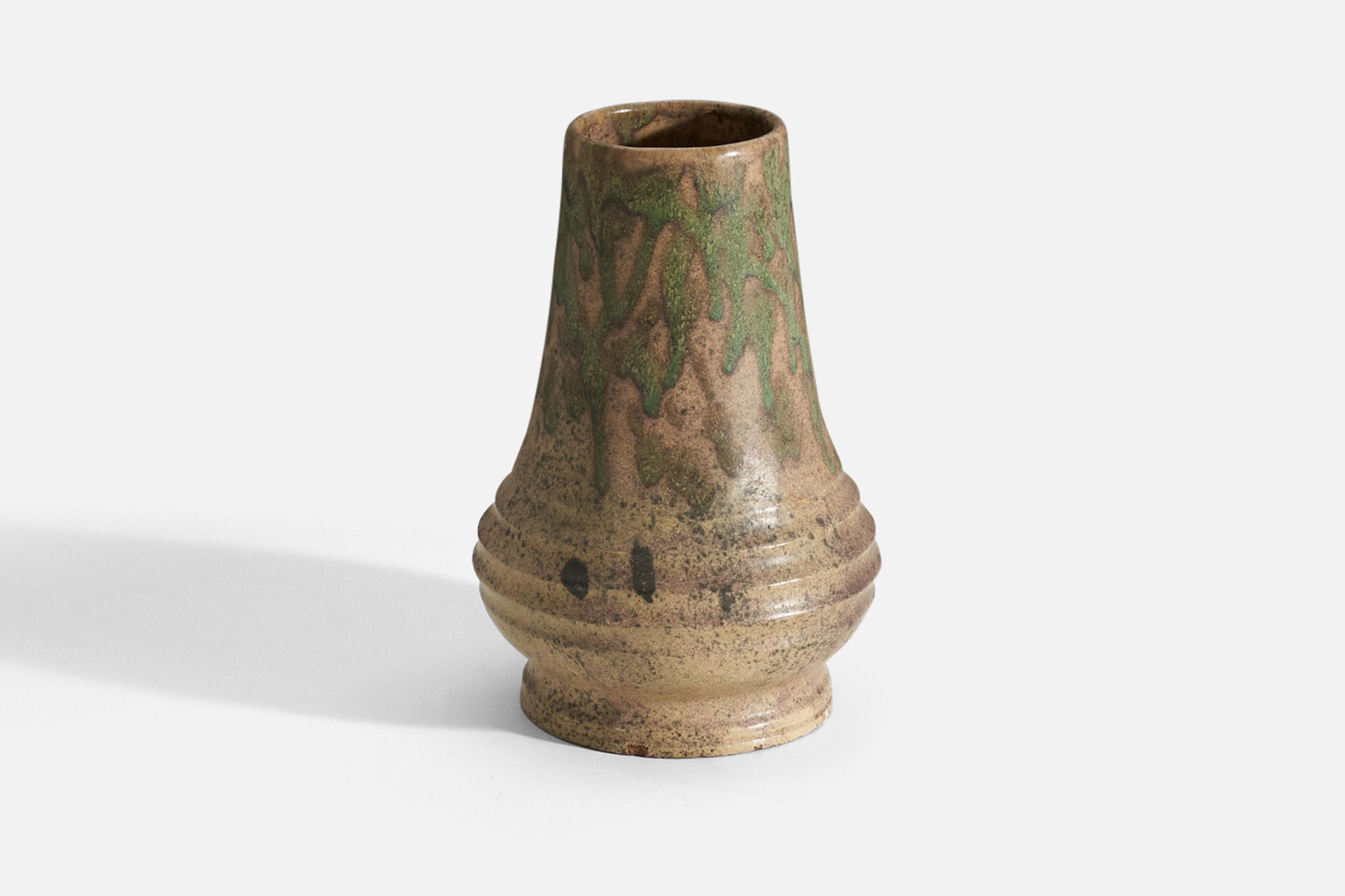 Mid-20th Century Andersson & Johansson, Vase, Beige and Green-Glazed Stoneware, Sweden 1940s For Sale