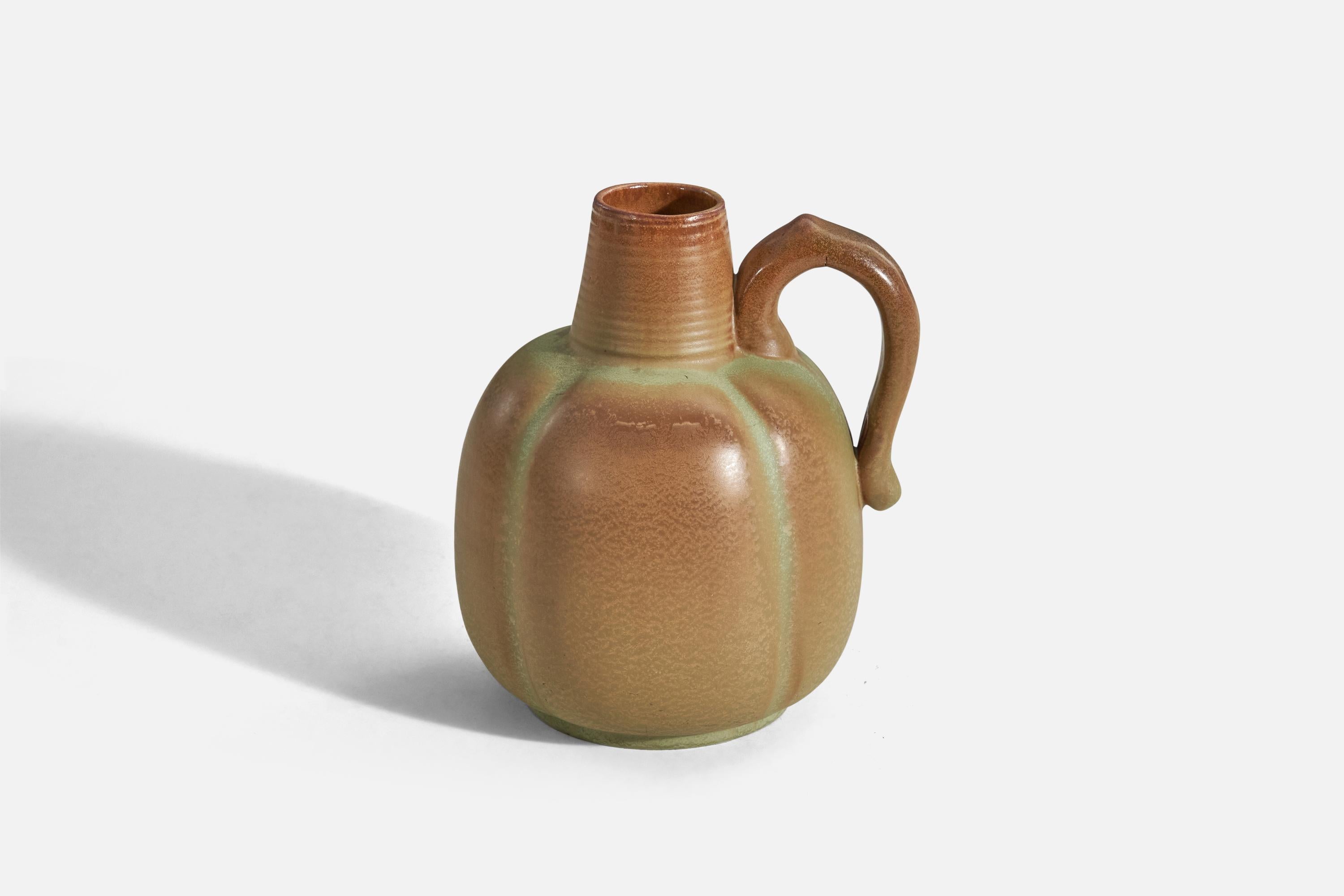 A brown and green, glazed stoneware vase designed and produced by Andersson & Johansson, Höganäs, Sweden, c. 1940s.