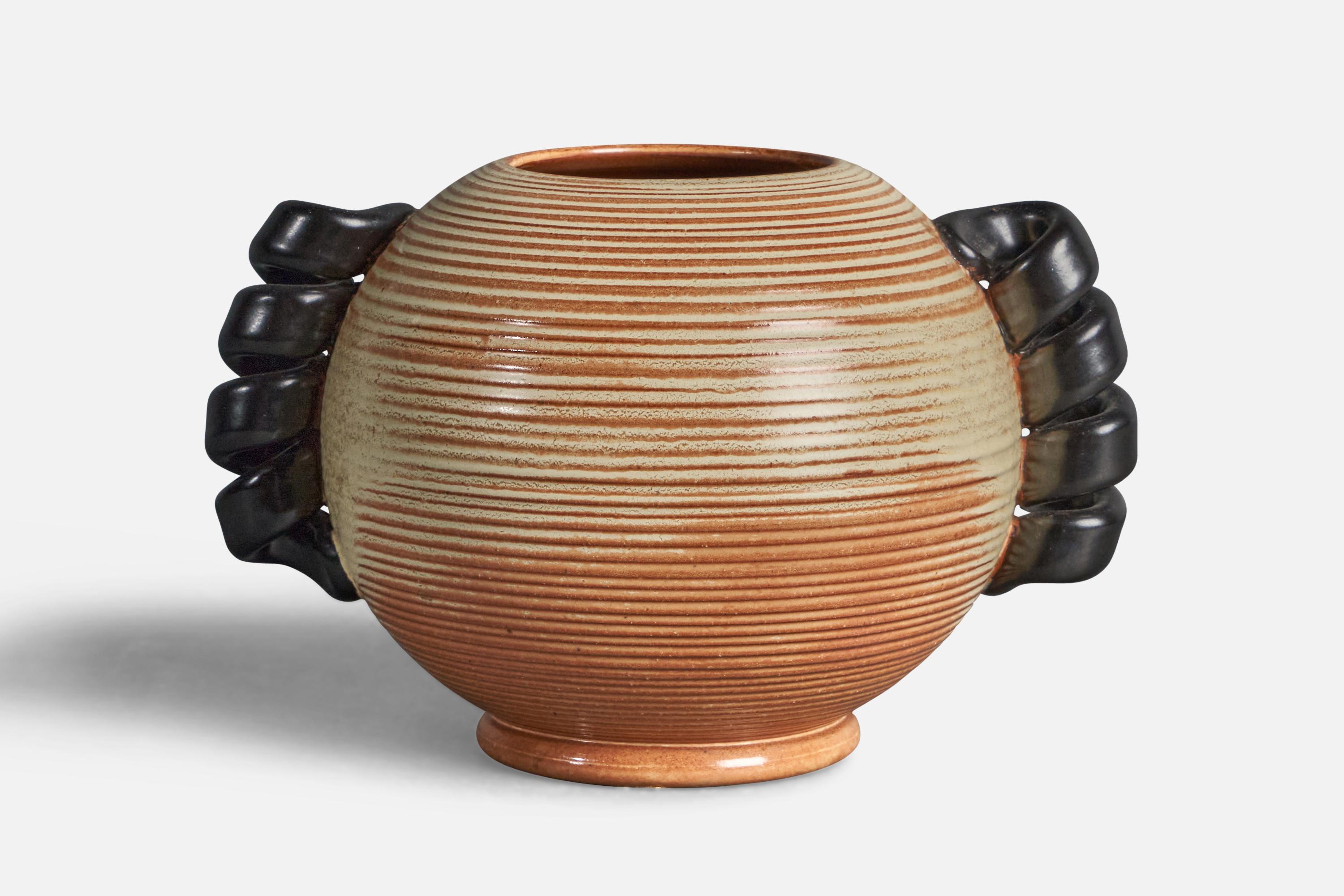 A black, beige and orange-glazed stoneware vase, designed and produced by Andersson & Johansson, Höganäs, Sweden, c. 1940s.
