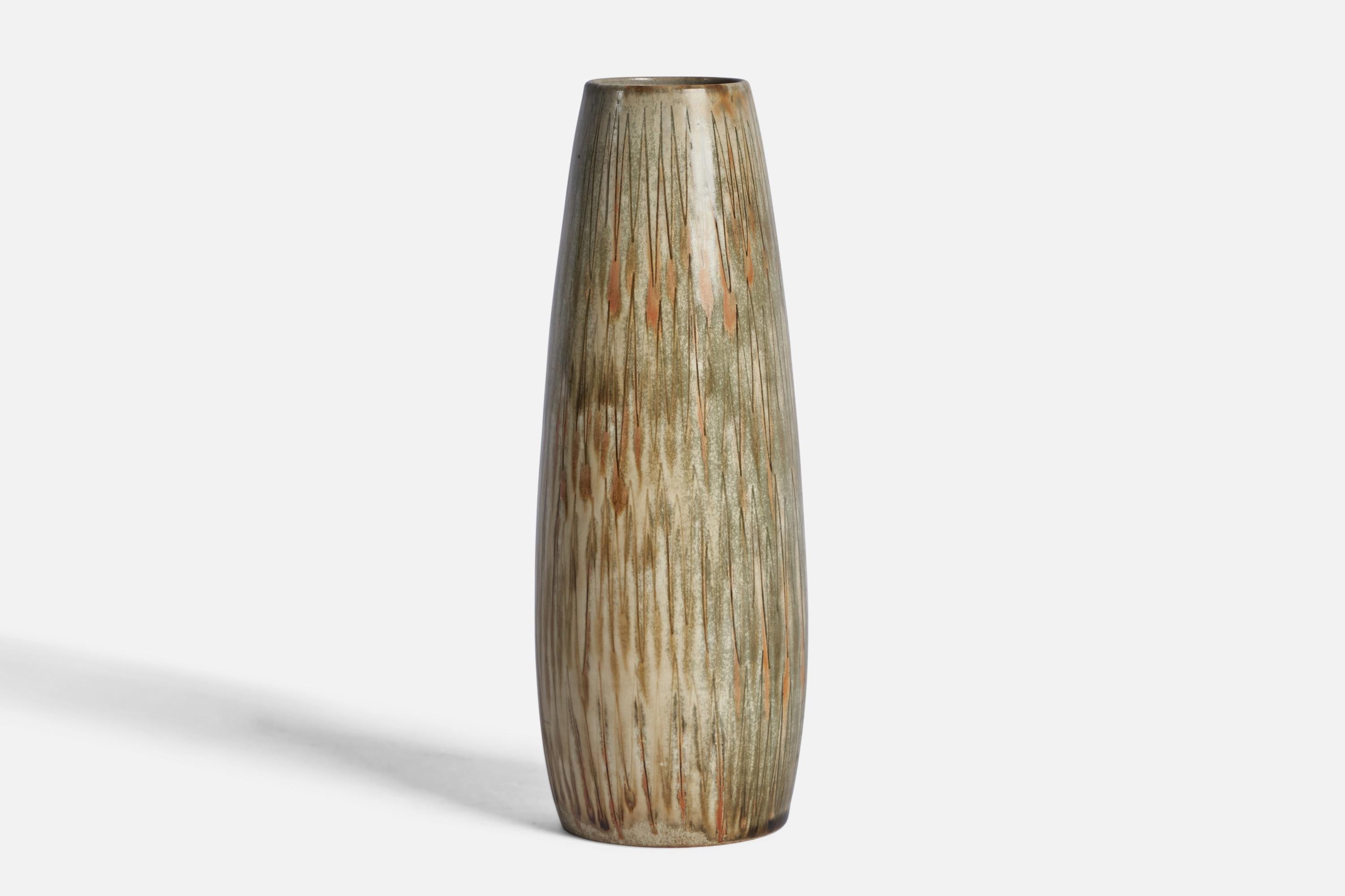 A grey and brown-glazed stoneware vase designed and produced by Andersson & Johansson, Höganäs, Sweden, c. 1940s.