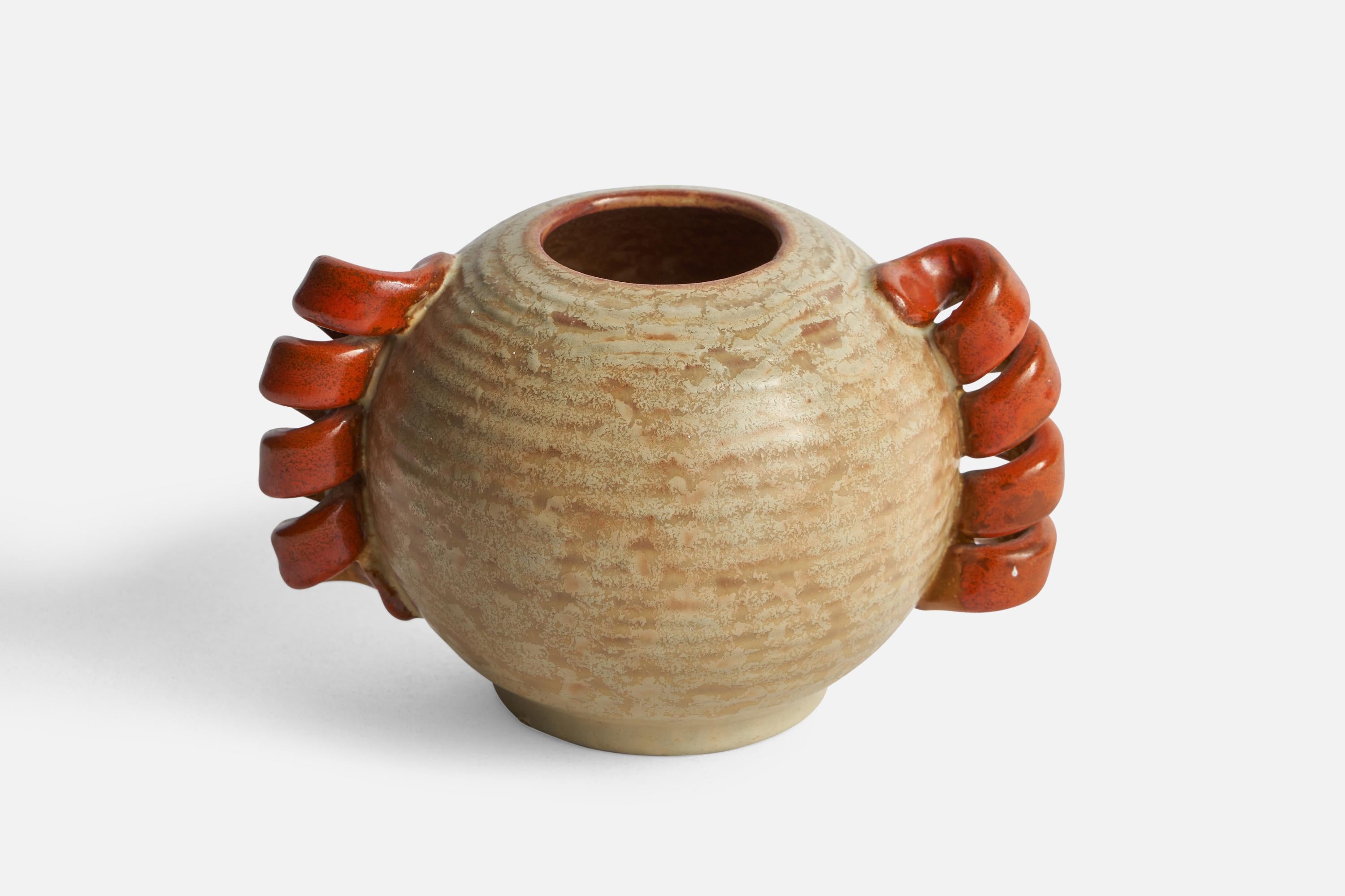 A beige and orange-glazed stoneware vase designed and produced by Andersson & Johansson, Höganäs, Sweden, c. 1940s.