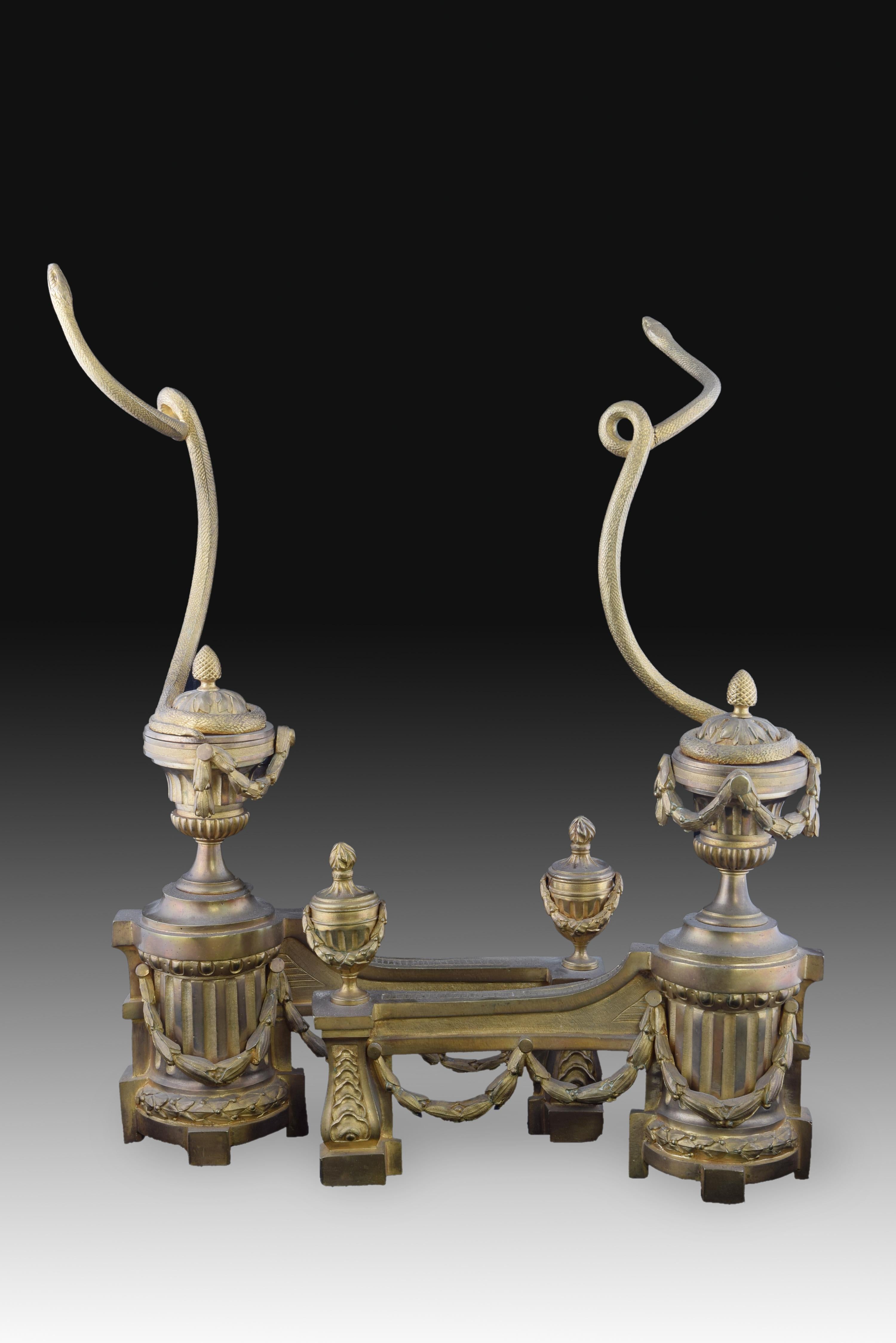 Pair of morillos. Bronze, iron France, 19th century 
Pair of morillos for chimney with architectural decorations of strong classical influence (vases, garlands, ribbed pedestals, clean lines, etc.) that have two snakes curled by their tail to the