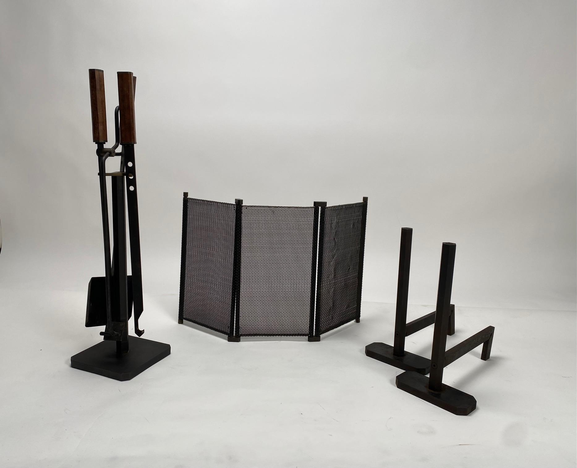 Mid-Century Modern Andirons and Complete Fireplace Set by Afra & Tobia Scarpa, Italy, 1970s For Sale