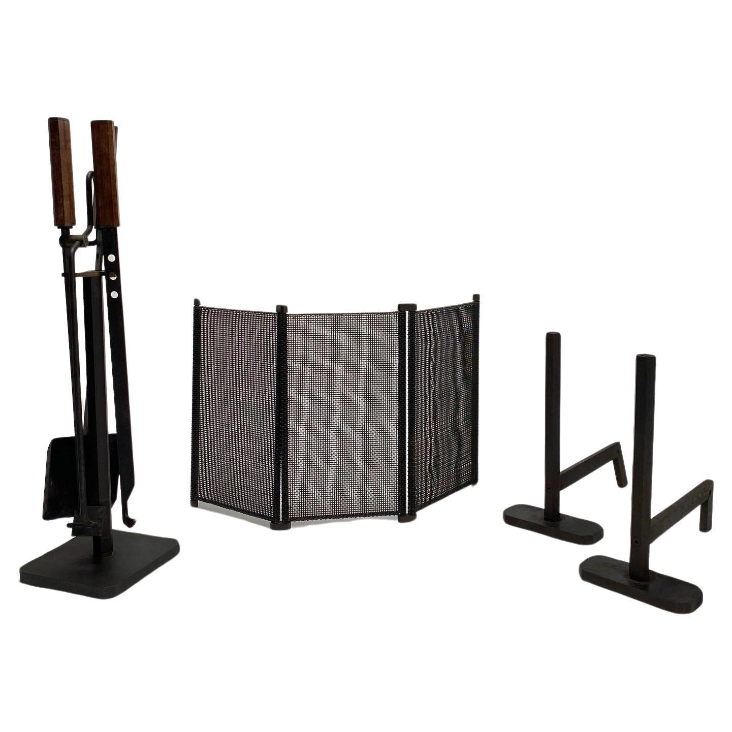 Andirons and Complete Fireplace Set by Afra & Tobia Scarpa, Italy, 1970s For Sale