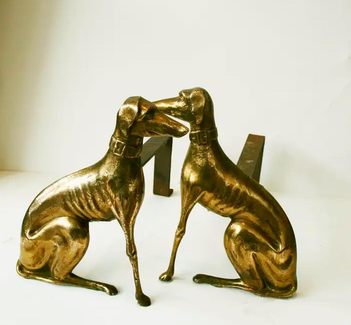   Andirons  Brass Shaped Greyhound Dogs England  20th Century In Excellent Condition In Mombuey, Zamora