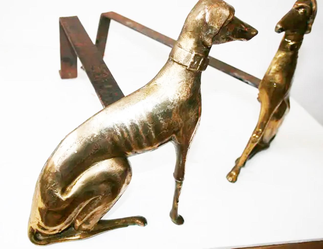   Andirons  Brass Shaped Greyhound Dogs England  20th Century 4