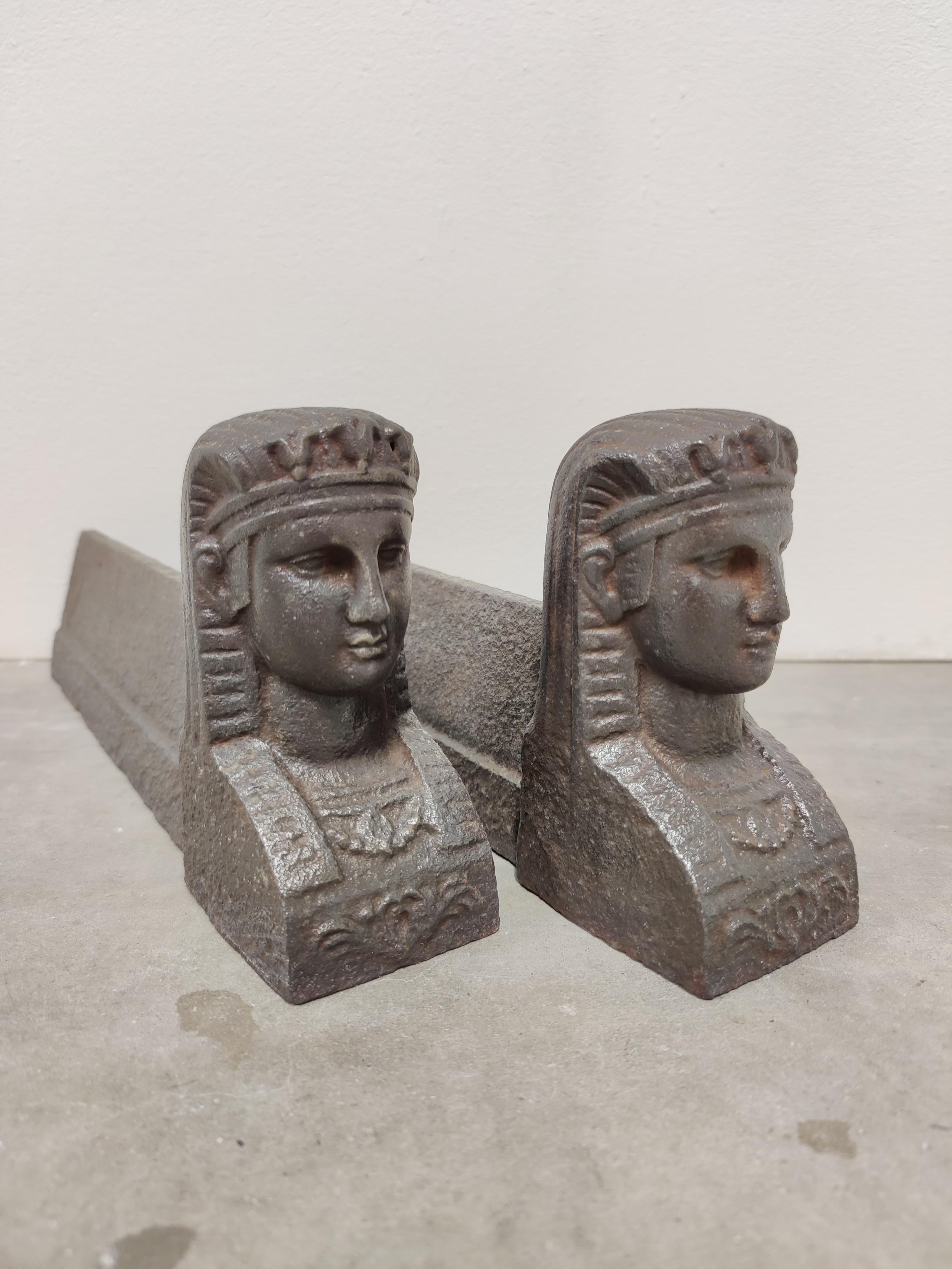 Antique French andirons, Sphinxes with a bottom edge.

Weight: 12 lbs / 5 kg.

Upon request they can be made black / pewter.

    