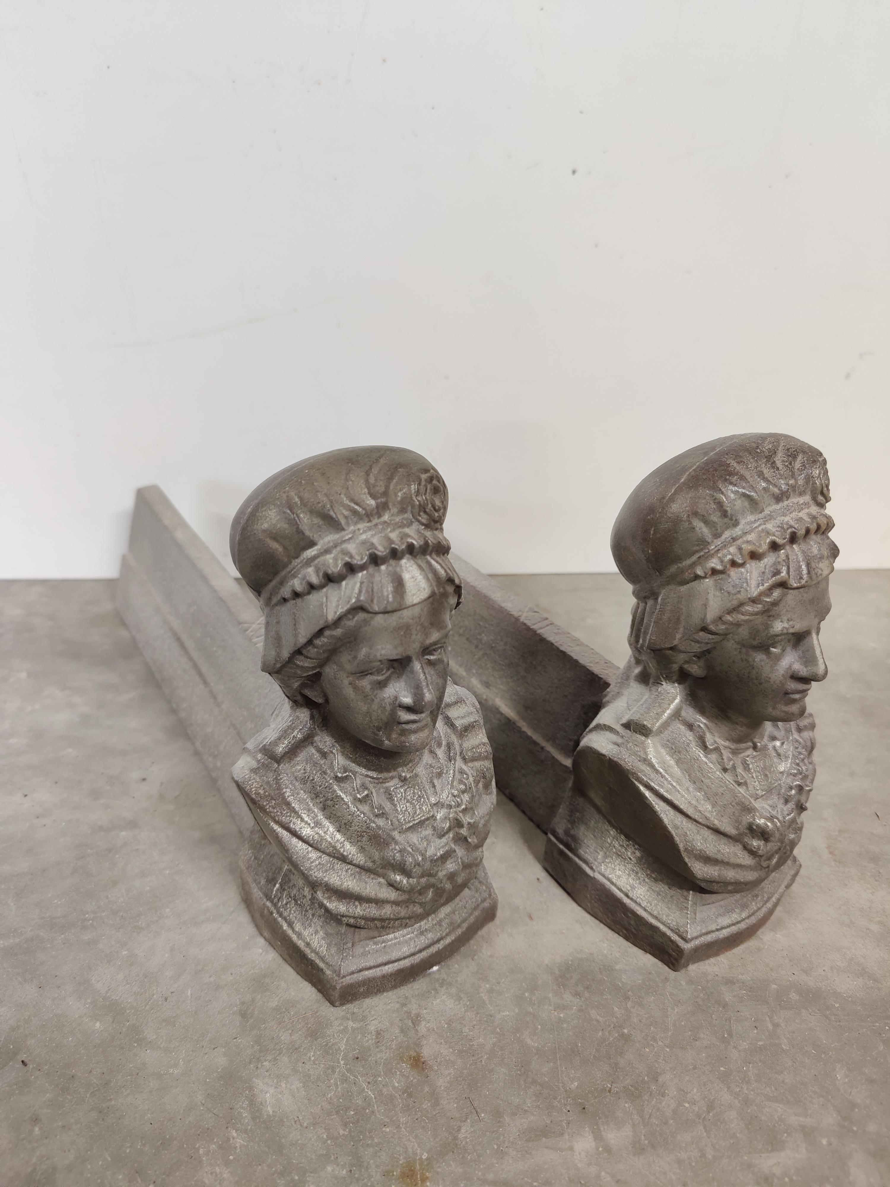 Antique French andirons, older ladies with a hat! Or maybe a farmer's wife.

Weight: 14 lbs / 6 kg.

Upon request they can be made black / pewter.

See all our antique fireplaces and fireplace accessories at 1stdibs by pressing the ‘View All From