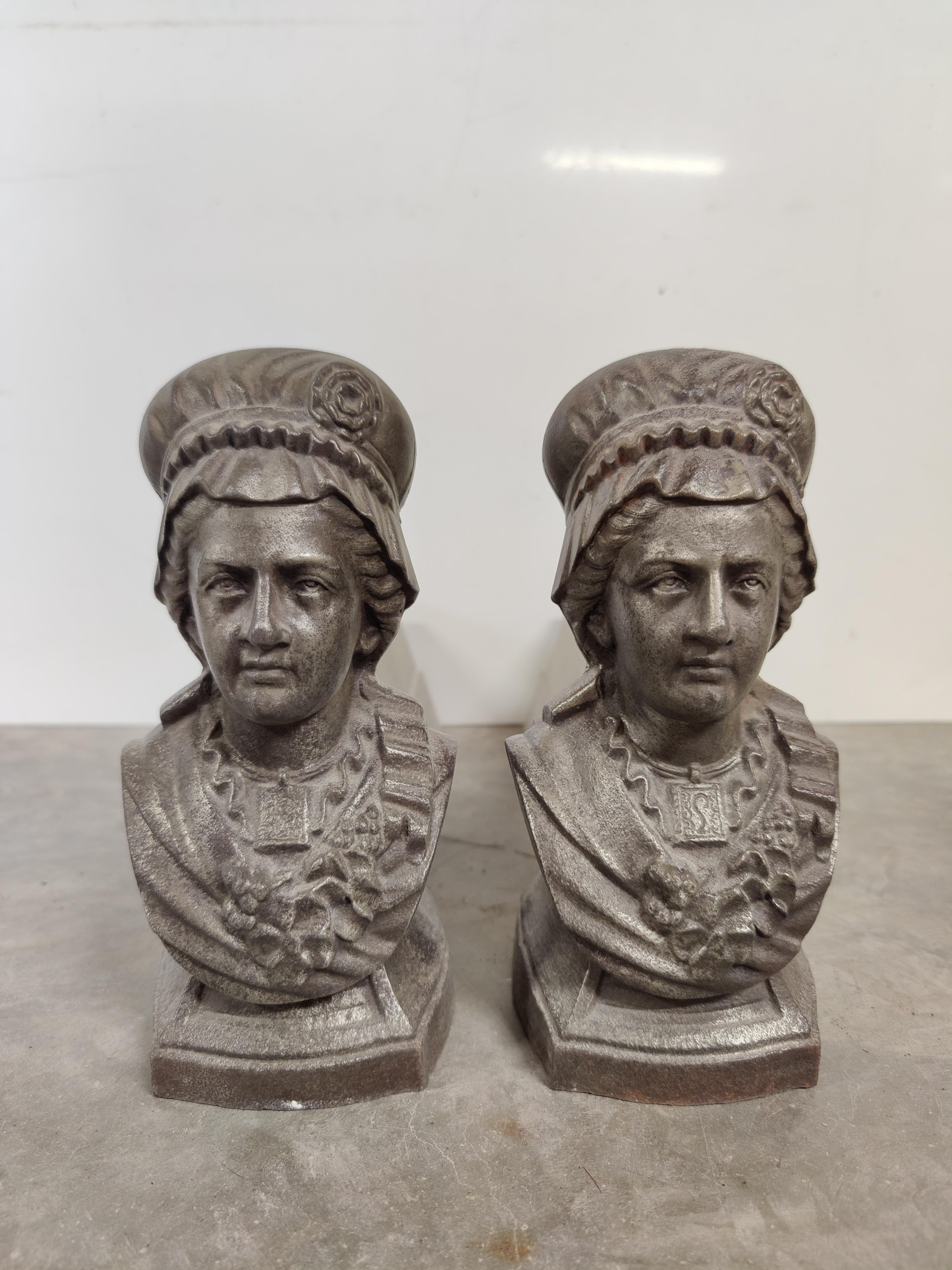 French Andirons / Fire Dogs, Older Ladies with a Hat For Sale