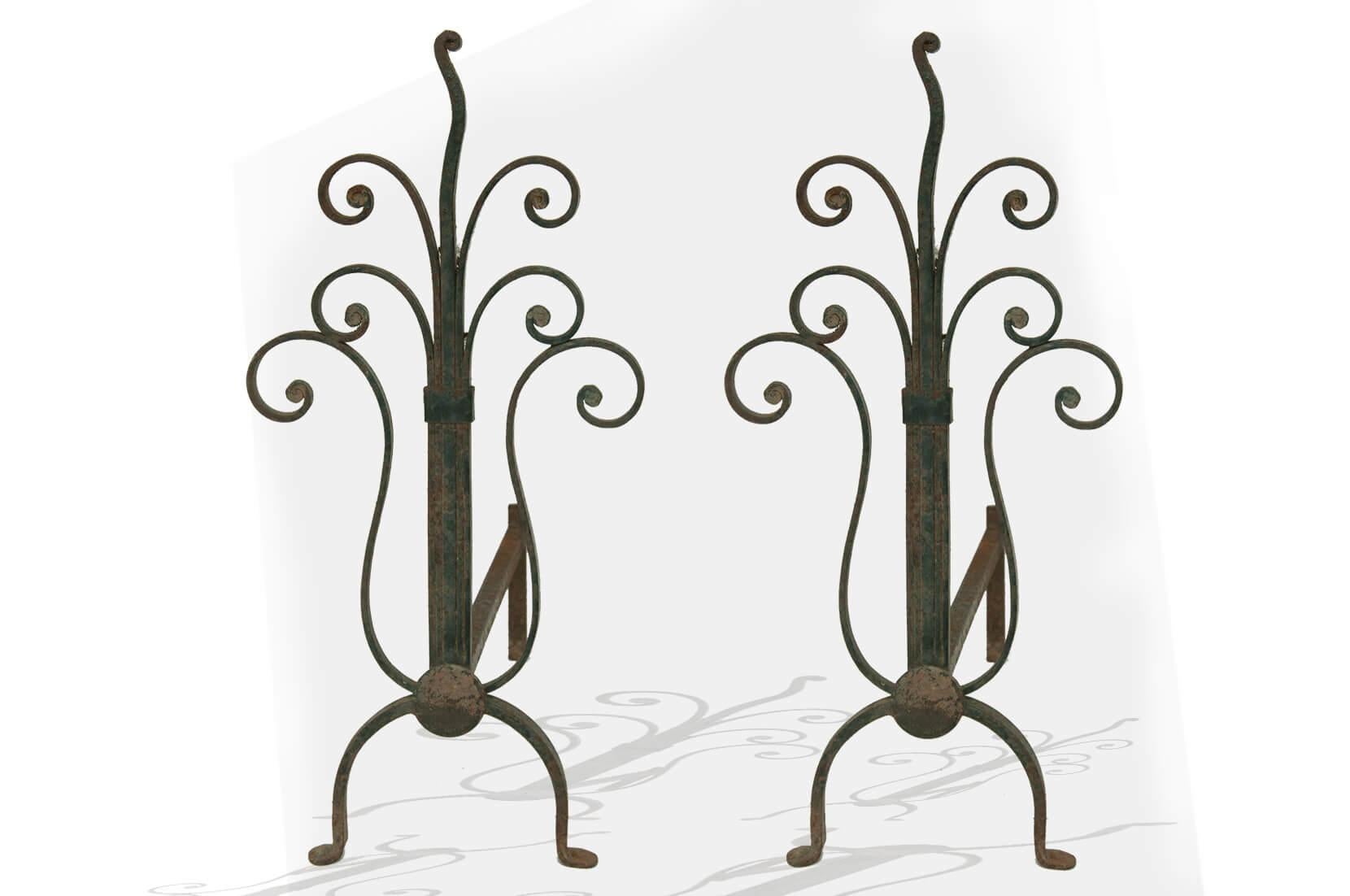 Andirons in Cast Iron, Art Deco, with Flower Decoration Pattern, France, 1940 1