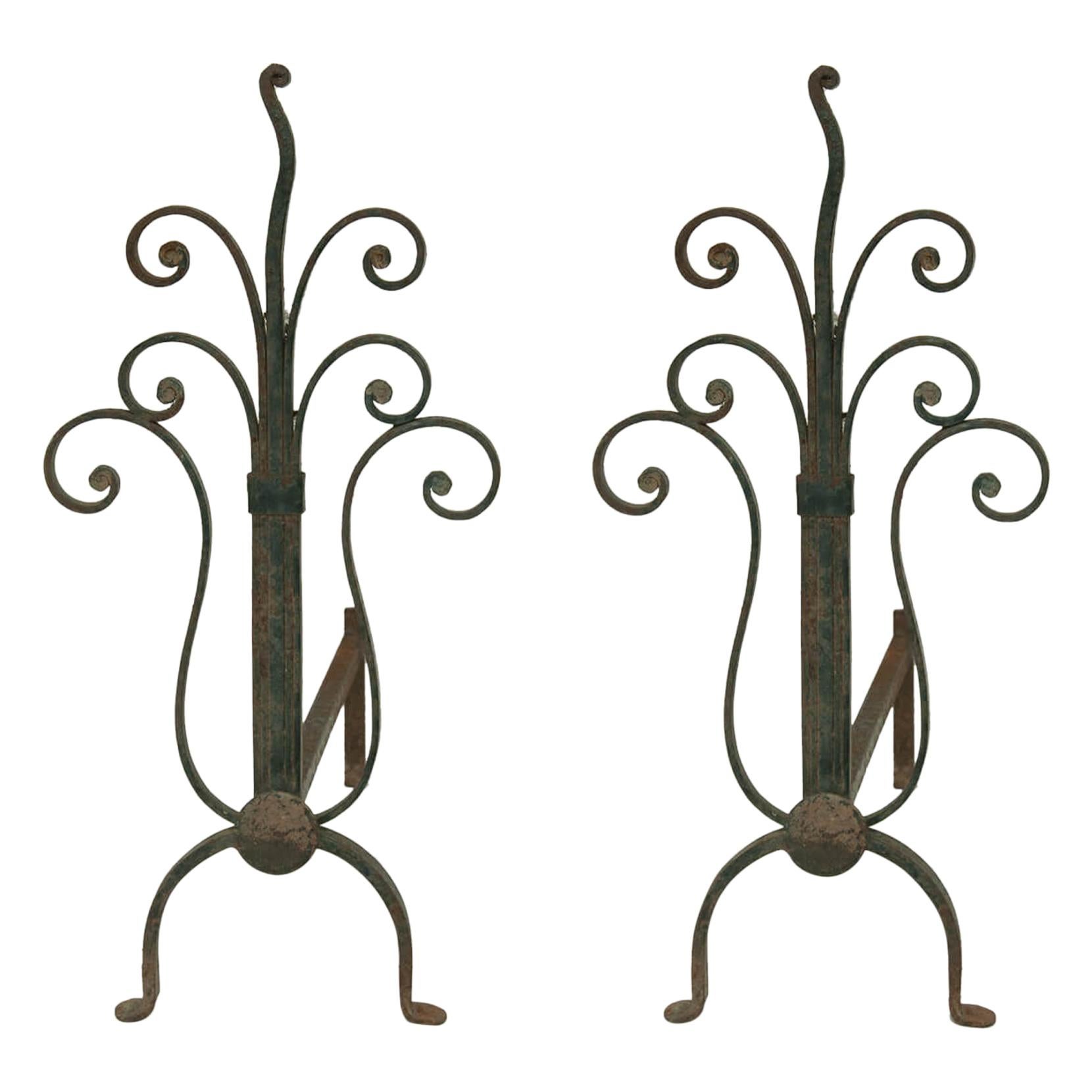 Andirons in Cast Iron, Art Deco, with Flower Decoration Pattern, France, 1940