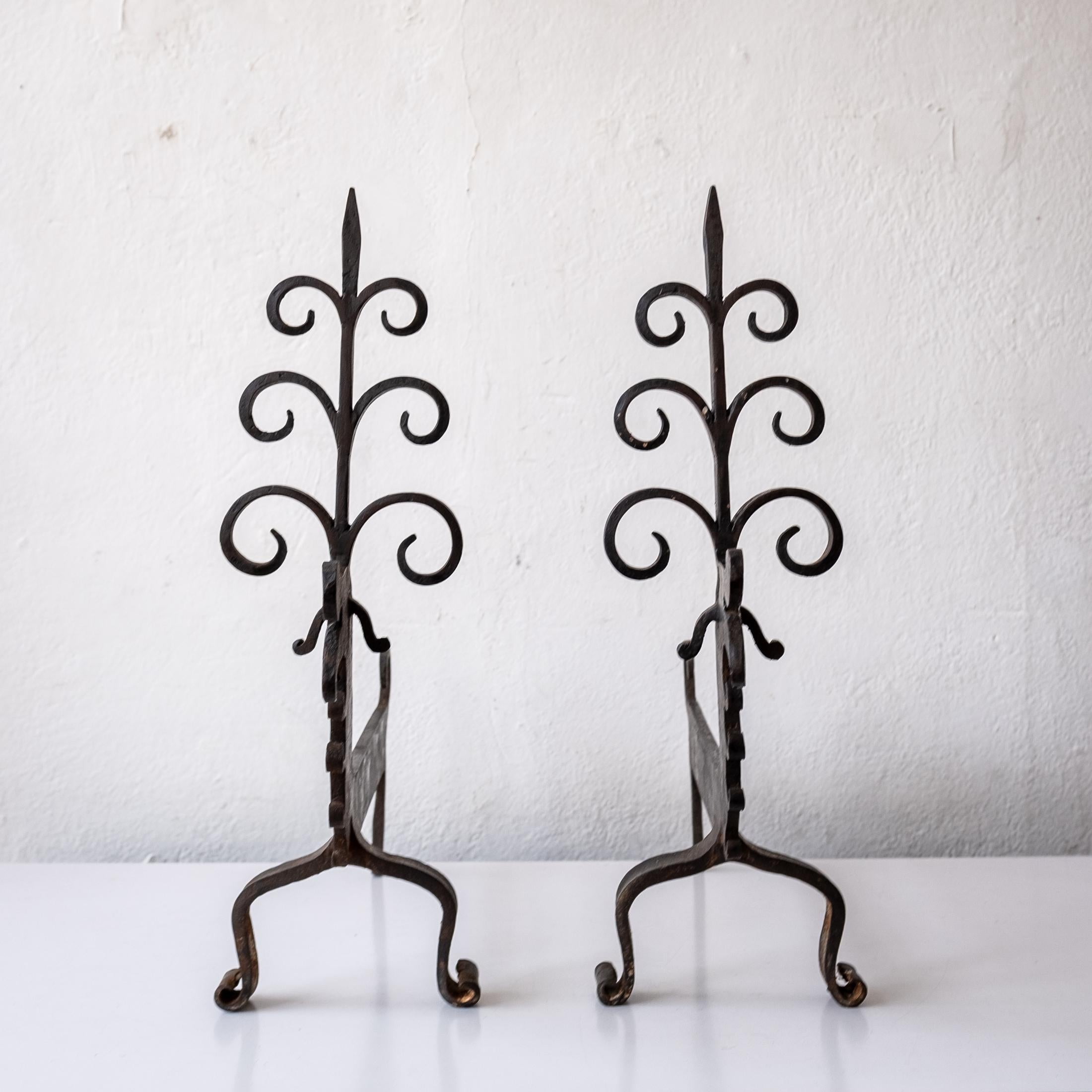 Andirons in the Style of Samuel Yellin In Good Condition For Sale In San Diego, CA