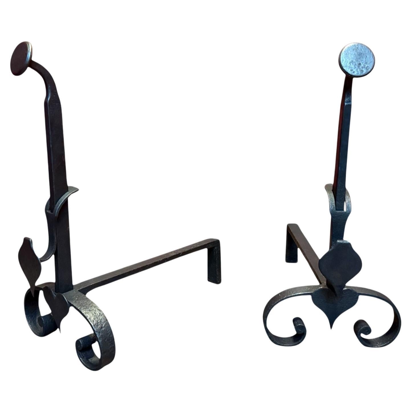 Andirons in Wrought iron the heart "Crémaillere" French XIX For Sale