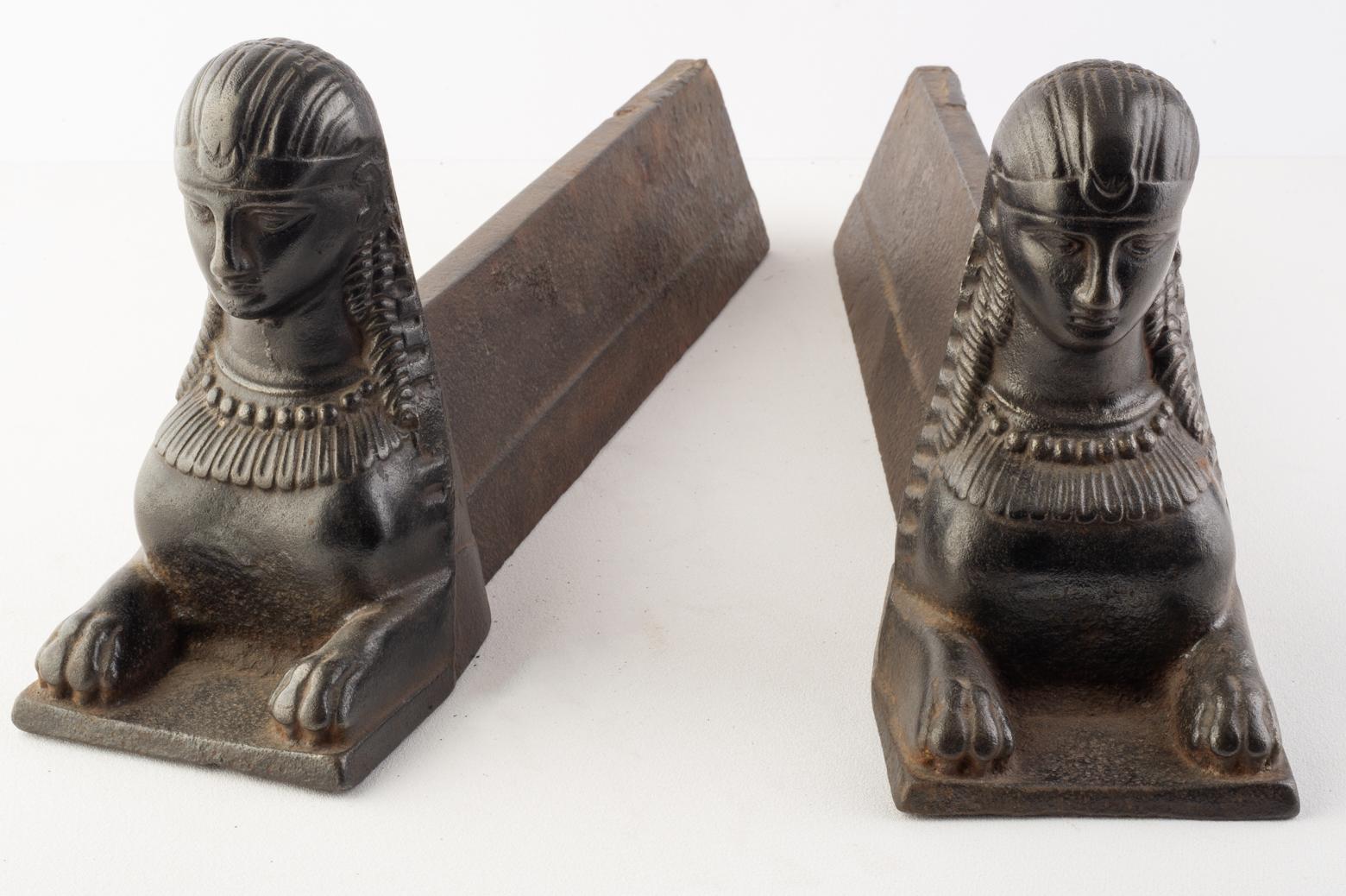 Molded Andirons with Sphinx For Sale