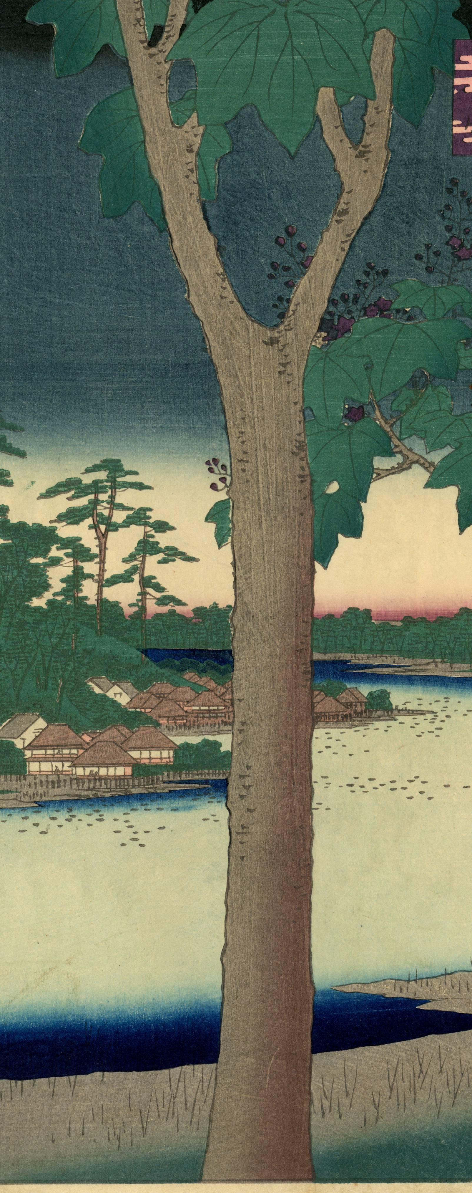 Original Japanese color woodblock print. The truncated trunk of a beautiful paulownia tree dominates this view near the southern shore of Tameike, near Edo Castle. The name Kiribatake means “Paulownia Fields”. This design was later replaced by a
