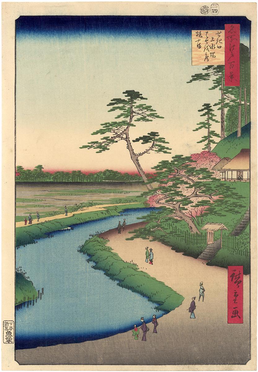 Utagawa Hiroshige (Ando Hiroshige) Landscape Print - Basho's Hermitage (First, Deluxe Edition) from 100 Views of Edo