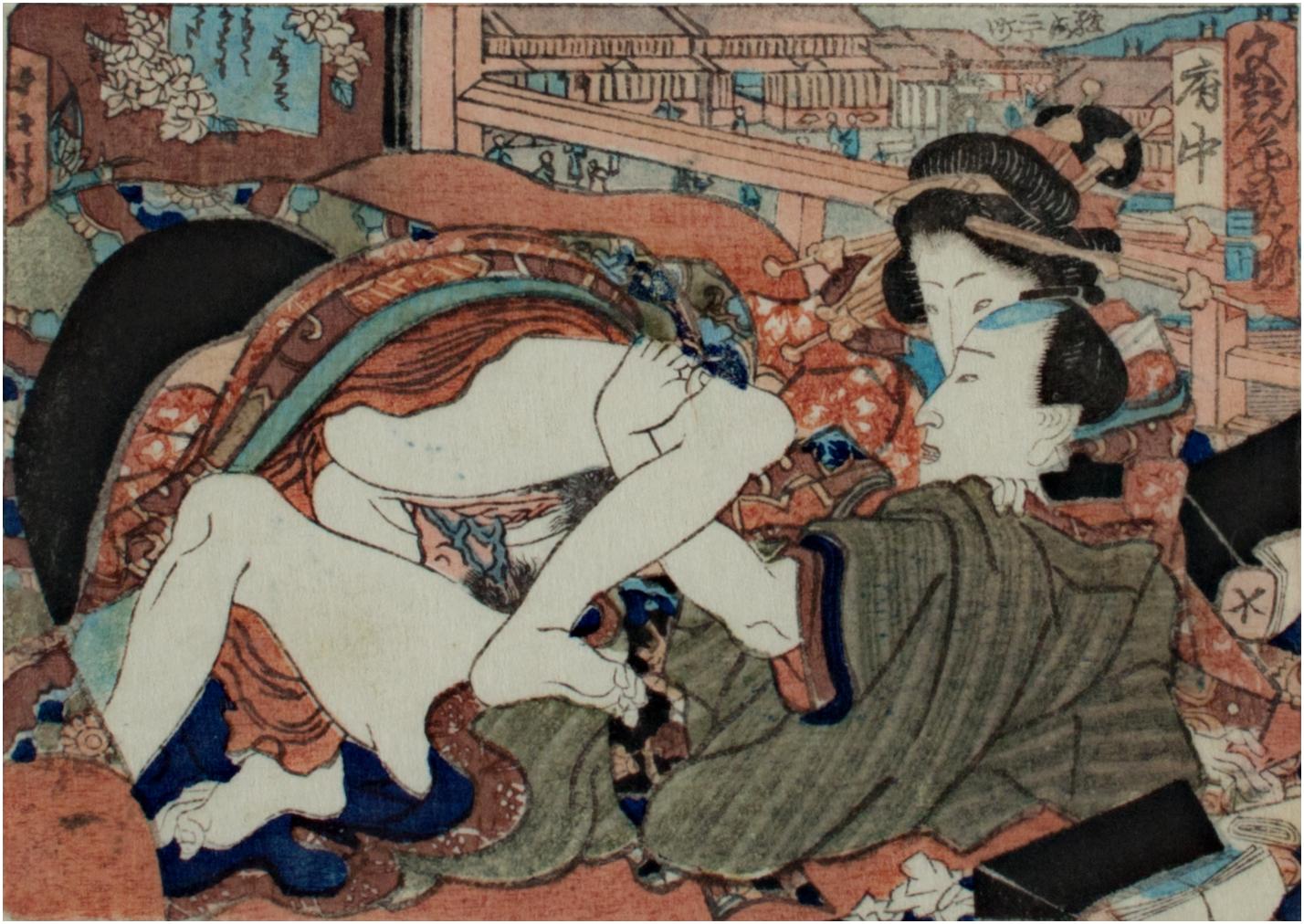 Utagawa Hiroshige (Ando Hiroshige) Figurative Print - 'Courtesan and Young Man at Fuchu' original erotic Shunga woodblock by Hiroshige