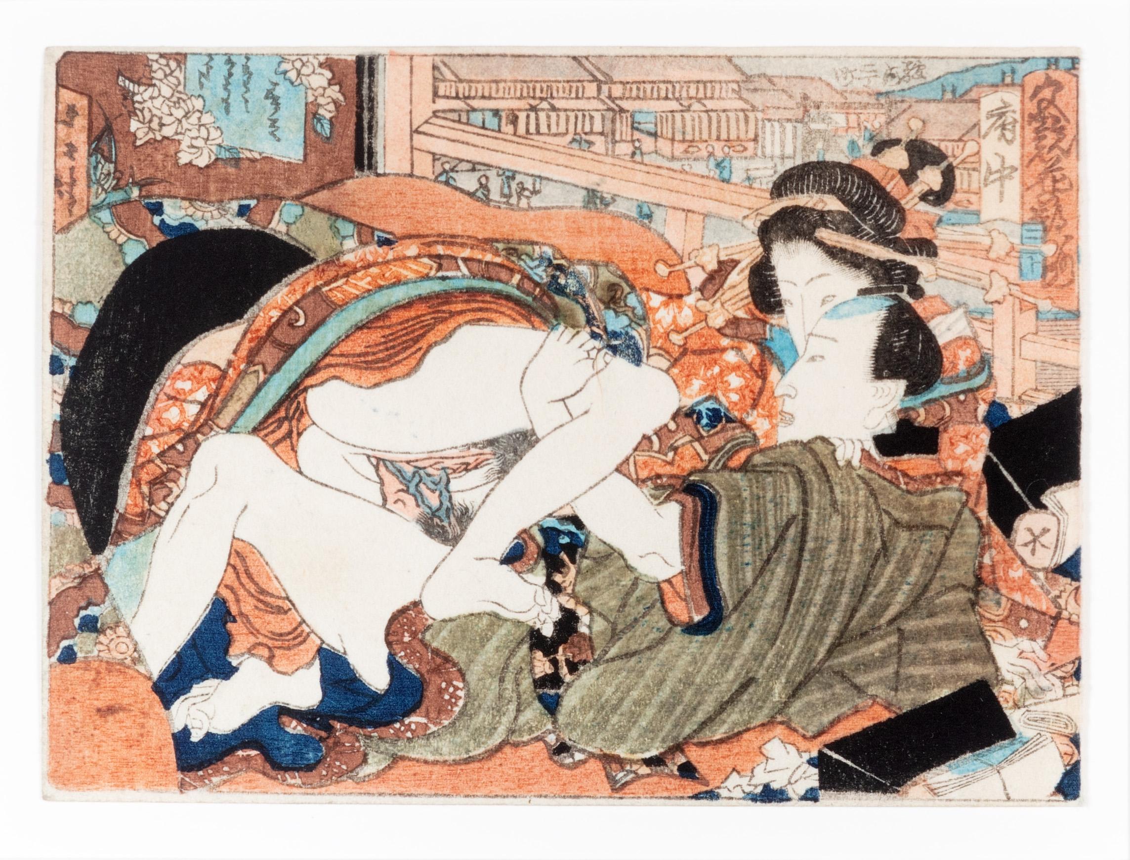 „Courtesan und junger Mann im Fuchu“ Original erotisches Shunga-Holzschnitt – Print von Utagawa Hiroshige (Ando Hiroshige)