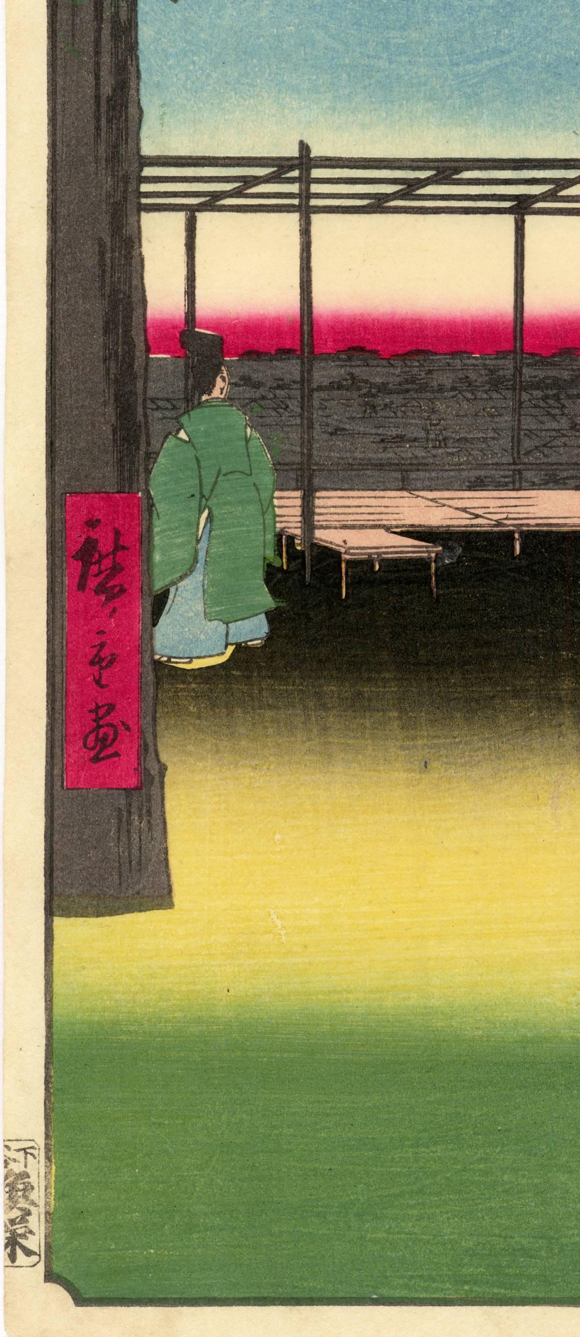 Original Japanese color woodblock print. Dawn breaks over the city of Edo, and Hiroshige has chosen to portray a most indirect and subtle point of view. We see a priest, a shrine maiden and an attendant getting ready for the day at Kanda Myojin