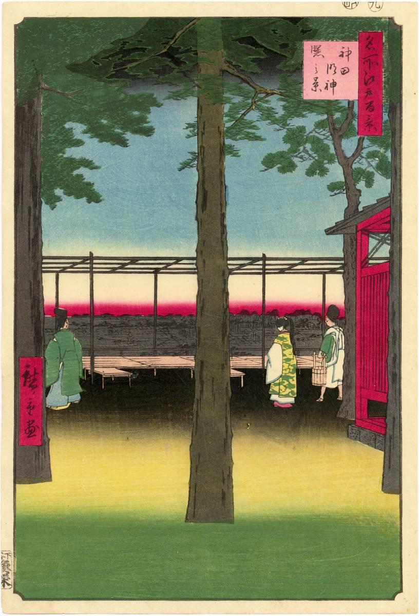 Utagawa Hiroshige (Ando Hiroshige) Landscape Print - Dawn at Kanda Myojin Shrine from 100 Famous Views of Edo