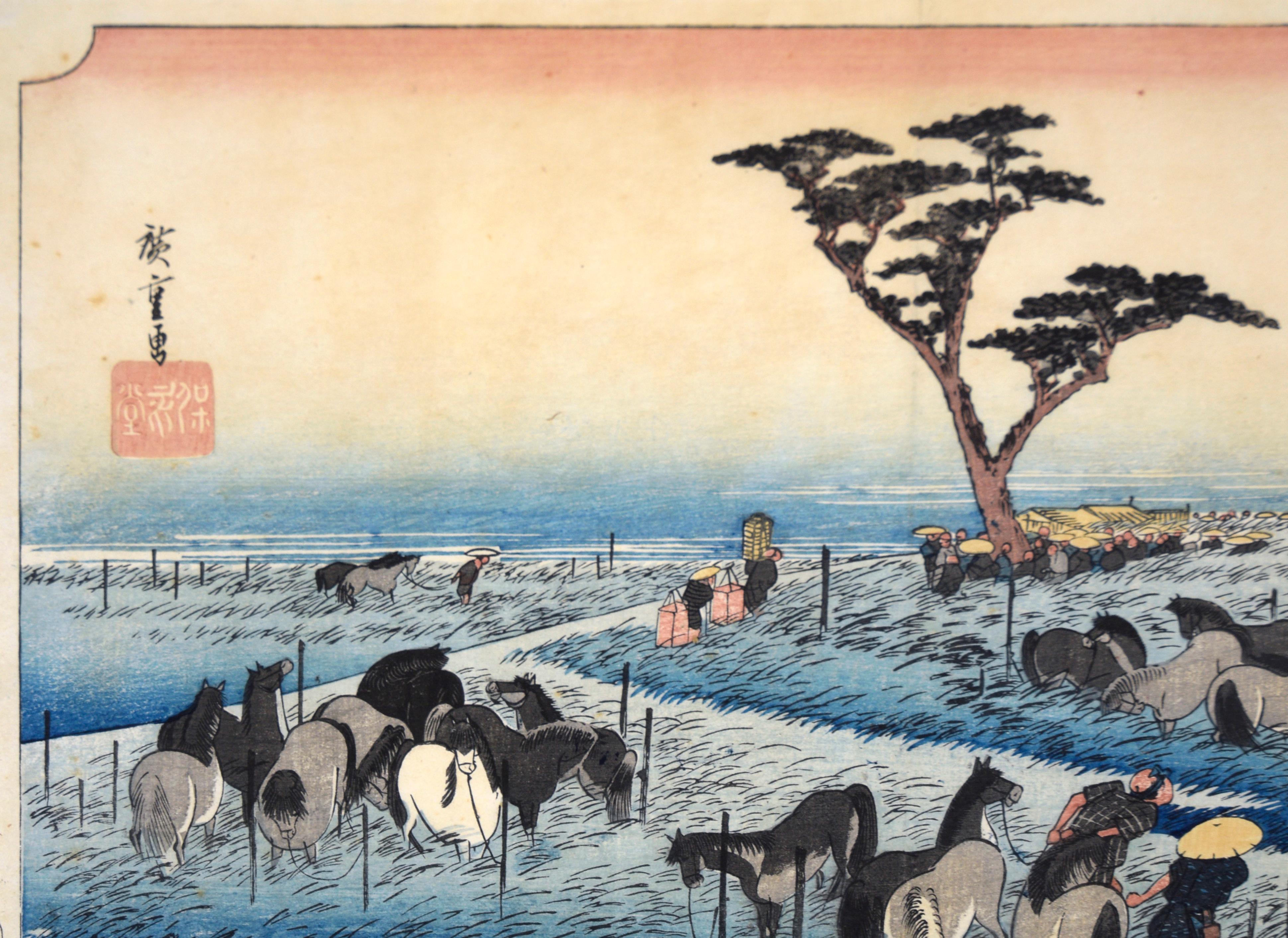 « Early Summer Horse Fair » de 53 stations du Tokaido - Edo Print par Utagawa Hiroshige (Ando Hiroshige)