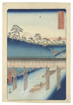Hiroshige I Ando, Ochanomizu, Monte Fuji, xilografía japonesa original, Edo