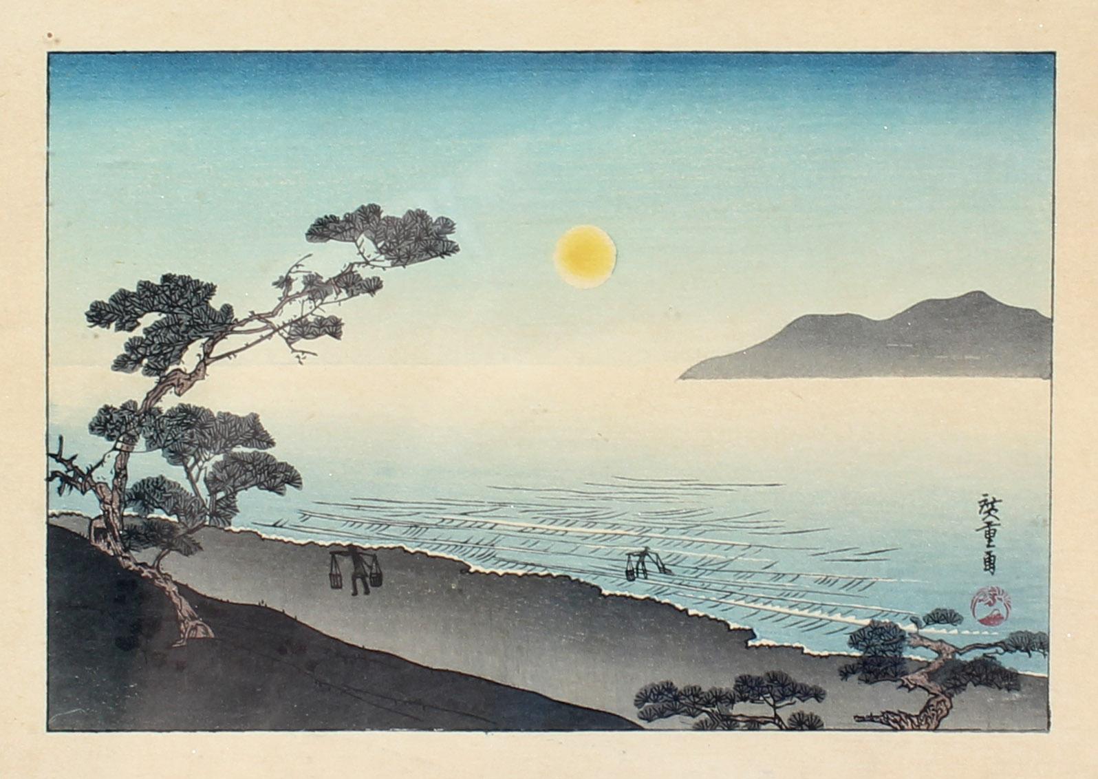Japanese Woodblock Hiroshige Suma Beach at night 1840 Framed original Rare  - Print by Utagawa Hiroshige (Ando Hiroshige)