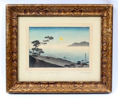 Japanese Woodblock Hiroshige Suma Beach at night 1840 Framed original Rare 