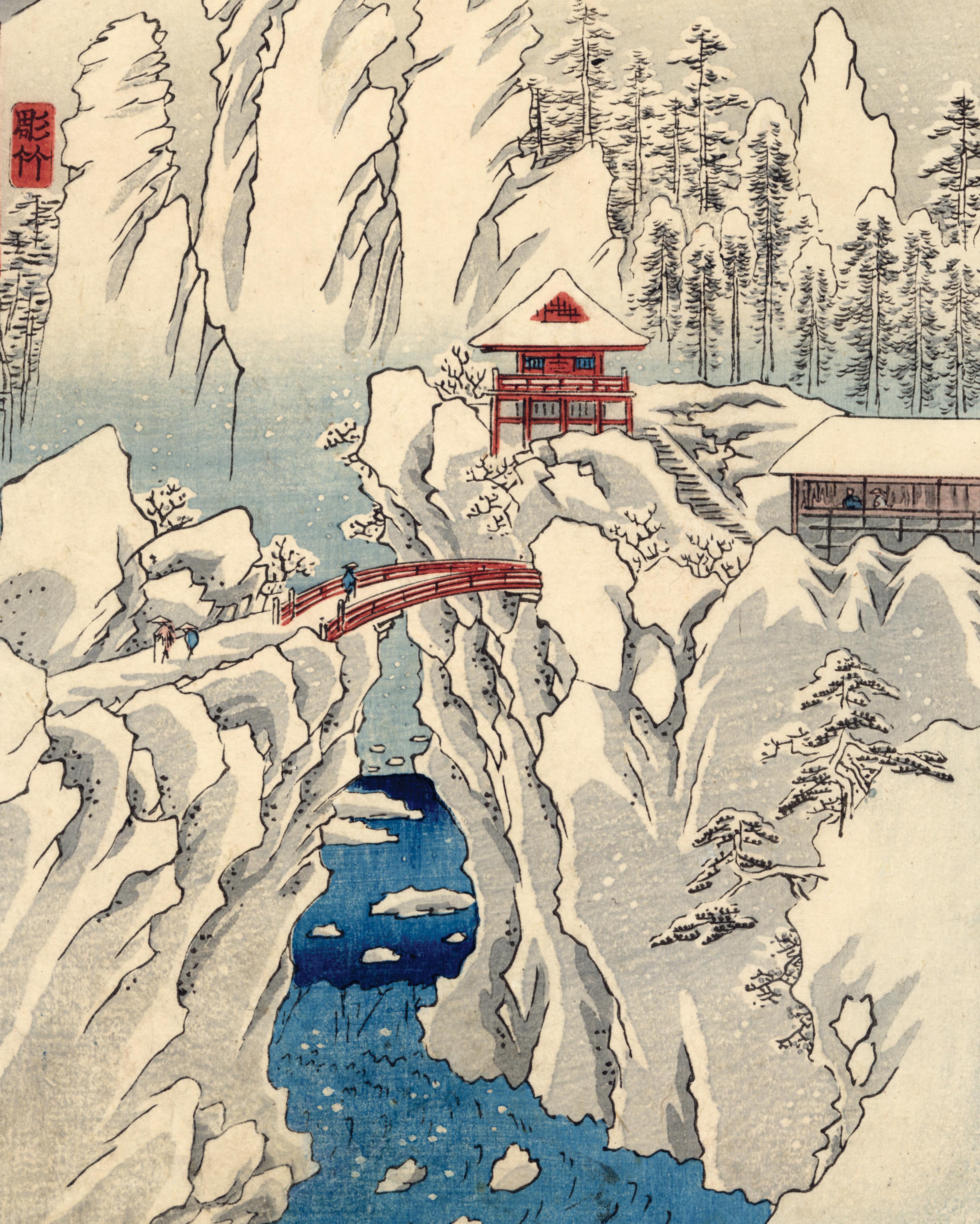 Kozuke Province, Mount Haruna Under Snow - Beige Landscape Print by Utagawa Hiroshige (Ando Hiroshige)