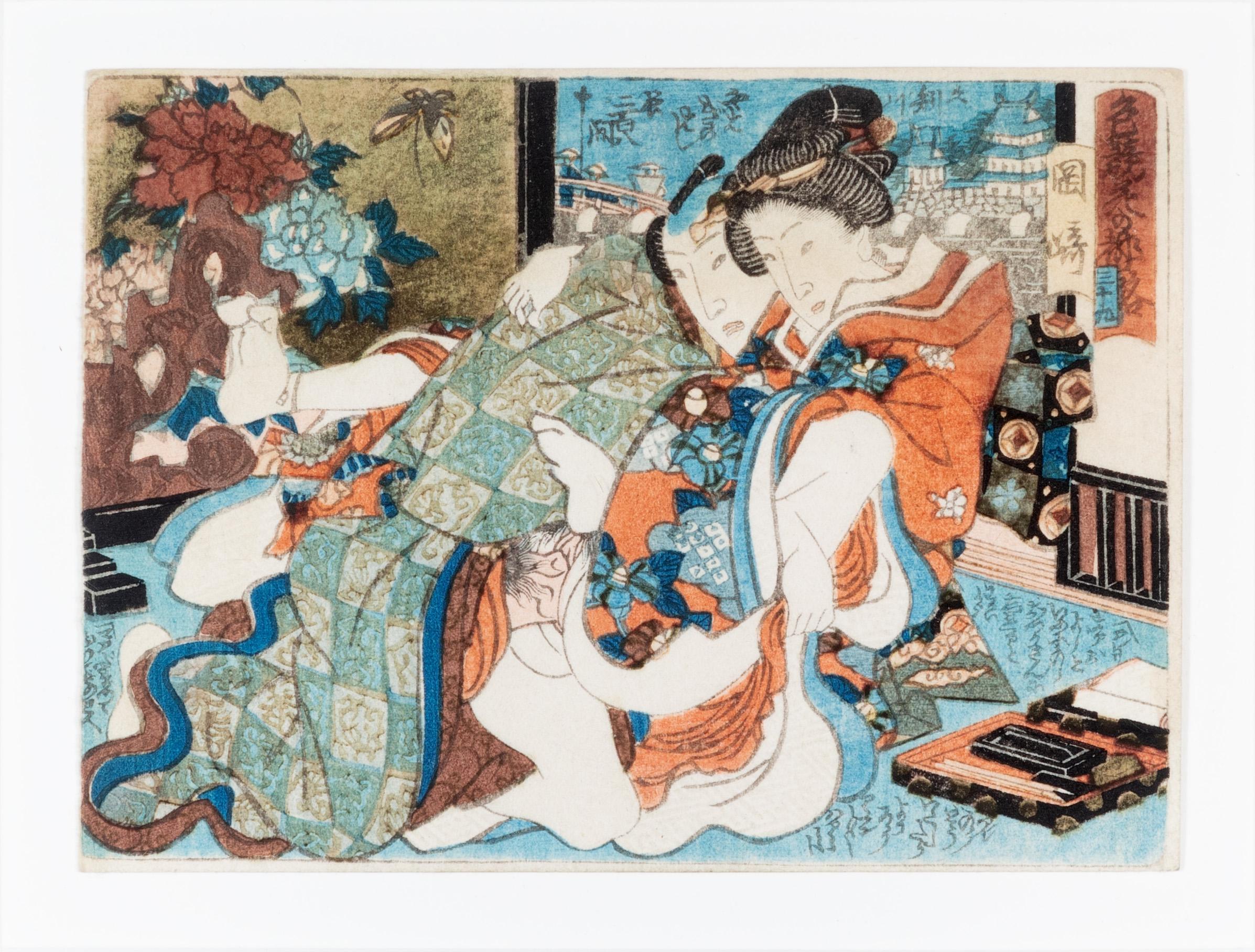 The present work is an excellent example of the erotic Shunga prints produced by Utagawa 'Ando' Hioshige and his school. Shunga imagery became especially widespread in Japan with the spread of the use of woodblock printing, allowing these images to