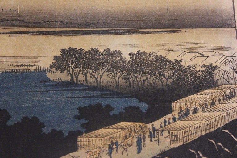 Nihon Embankment in Yoshiwara Japanese Woodblock Print - Beige Landscape Print by Utagawa Hiroshige (Ando Hiroshige)